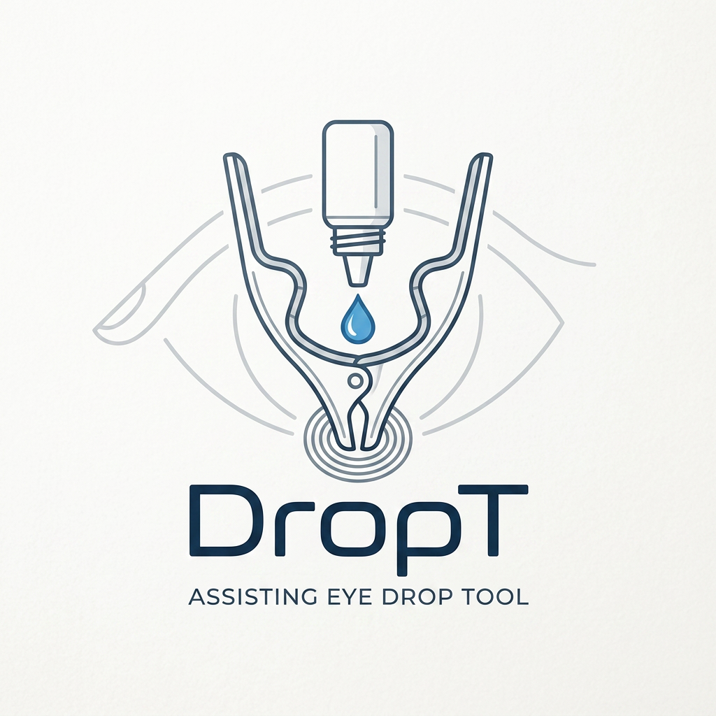 AI Design for i want a logo product name is DropT it is a eye drop assisting tool, it aligns with the eye help open eyelid and applies drop accrurately independently without anyone guide could you please curate a logo  some more idea i have inserted the product image could you curate something around it
