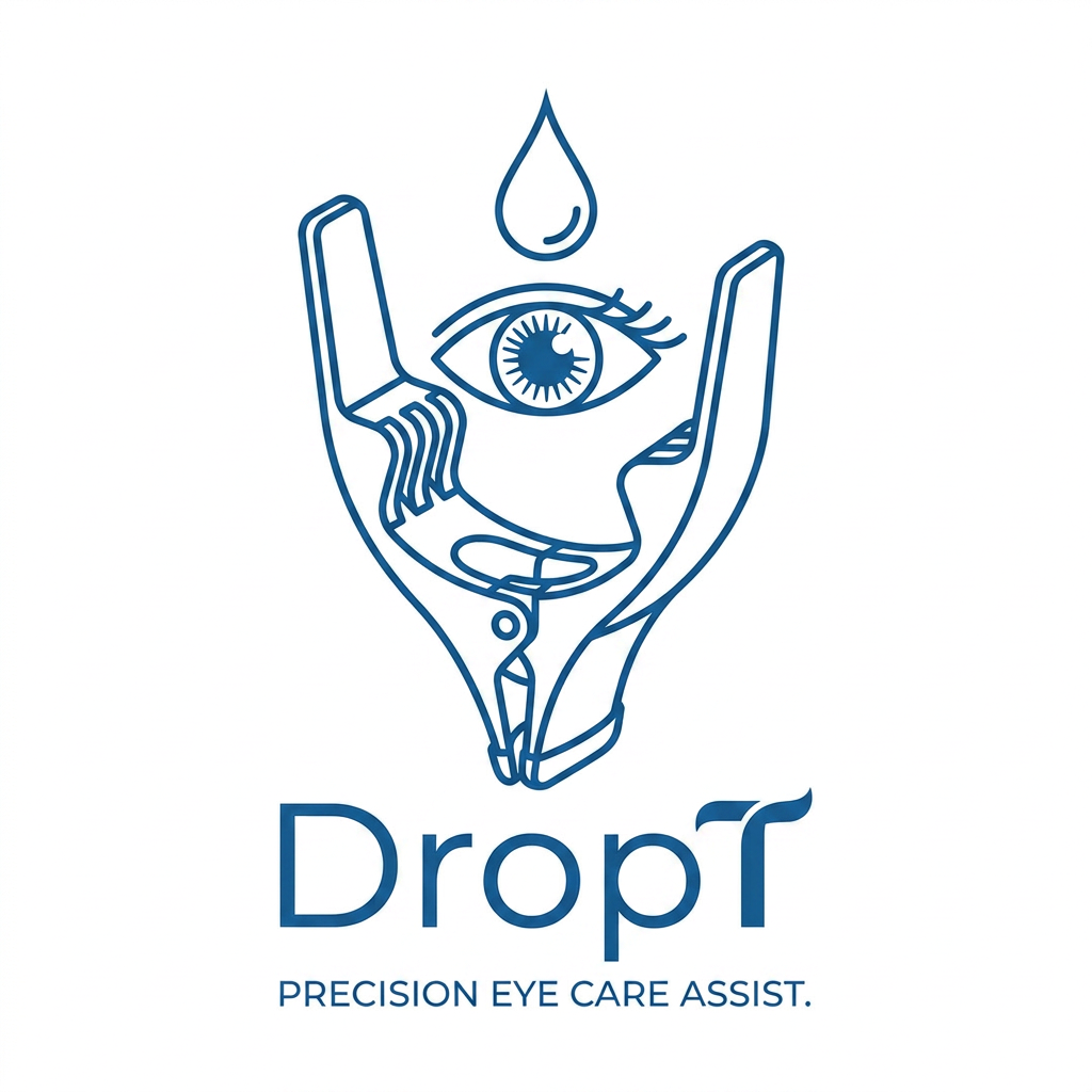 AI Design for i want a logo product name is DropT it is a eye drop assisting tool, it aligns with the eye help open eyelid and applies drop accrurately independently without anyone guide could you please curate a logo  some more idea i have inserted the product image could you curate something around it something more