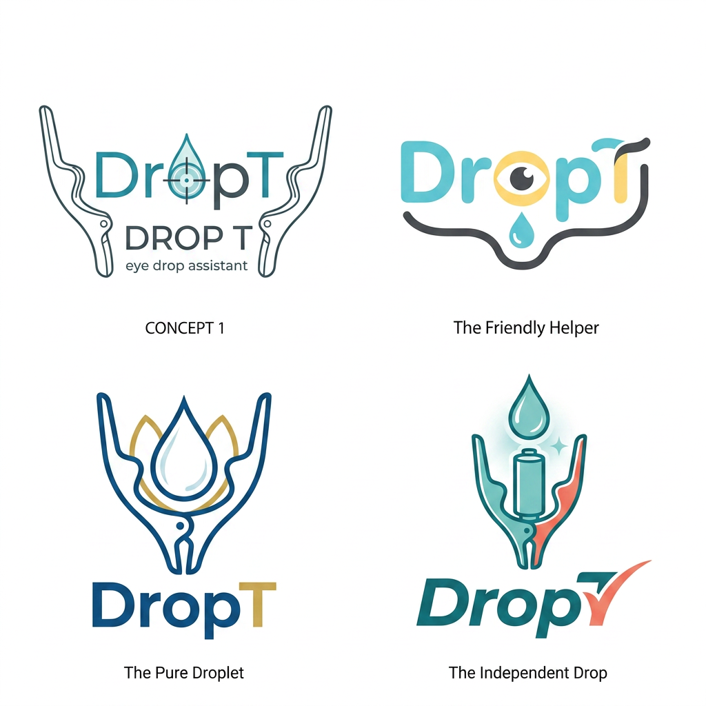AI Design for i want a logo product name is DropT it is a eye drop assisting tool, it aligns with the eye help open eyelid and applies drop accrurately independently without anyone guide could you please curate a logo  some more idea i have inserted the product image could you curate something around it
