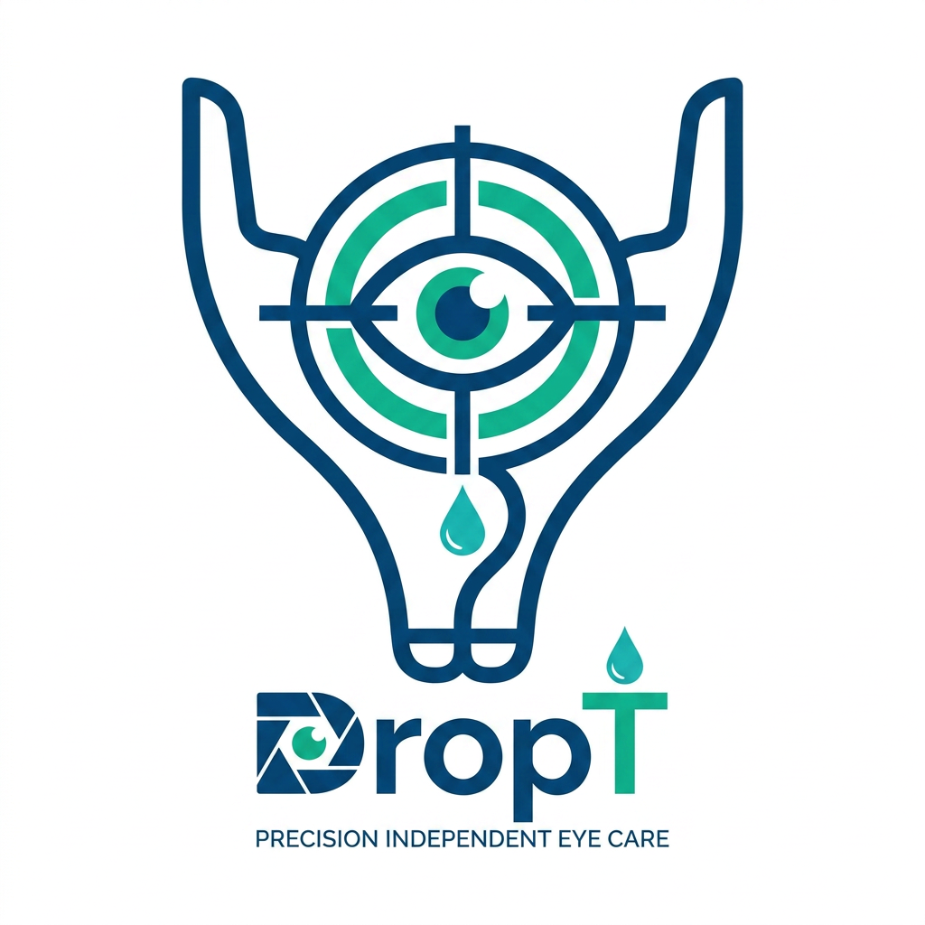 AI Design for i want a logo product name is DropT it is a eye drop assisting tool, it aligns with the eye help open eyelid and applies drop accrurately independently without anyone guide could you please curate a logo  some more idea i have inserted the product image could you curate something around it something more