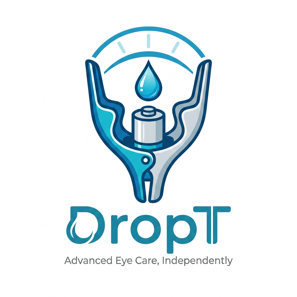 AI Design for i want a logo product name is DropT it is a eye drop assisting tool, it aligns with the eye help open eyelid and applies drop accrurately independently without anyone guide could you please curate a logo  some more idea i have inserted the product image could you curate something around it something more