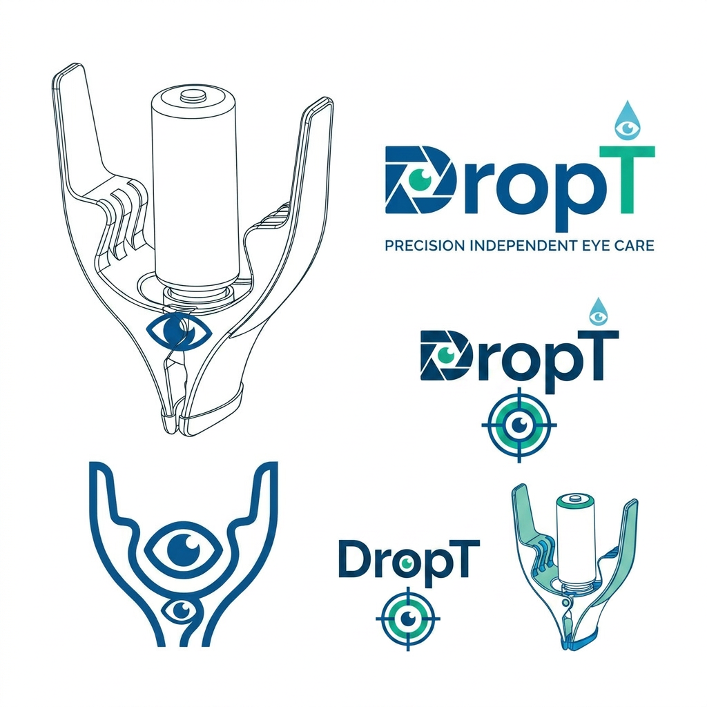 AI Design for i want a logo product name is DropT it is a eye drop assisting tool, it aligns with the eye help open eyelid and applies drop accrurately independently without anyone guide could you please curate a logo  some more idea i have inserted the product image could you curate something around it something more