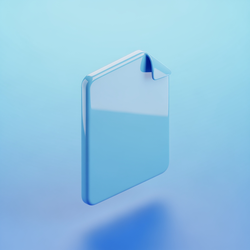 AI Design for 3D render of a floating document page with folded corner, glossy plastic material, soft studio lighting, subtle drop shadow, pastel blue gradient background, isometric perspective, smooth rounded edges, centered composition, high detail, octane render