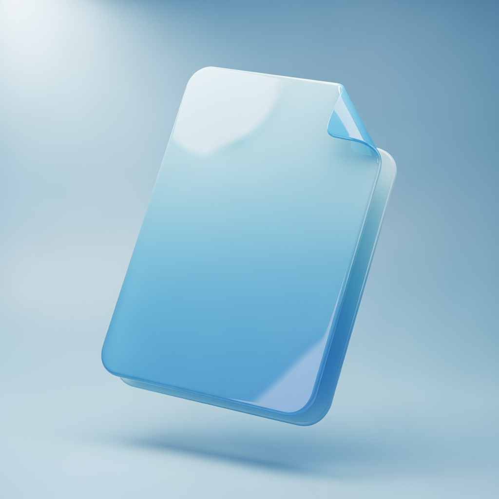 AI Design for 3D render of a floating document page with folded corner, glossy plastic material, soft studio lighting, subtle drop shadow, pastel blue gradient background, isometric perspective, smooth rounded edges, centered composition, high detail, octane render