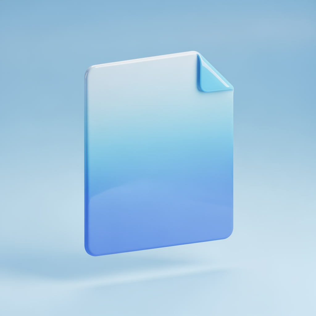 AI Design for 3D render of a floating document page with folded corner, glossy plastic material, soft studio lighting, subtle drop shadow, pastel blue gradient background, isometric perspective, smooth rounded edges, centered composition, high detail, octane render