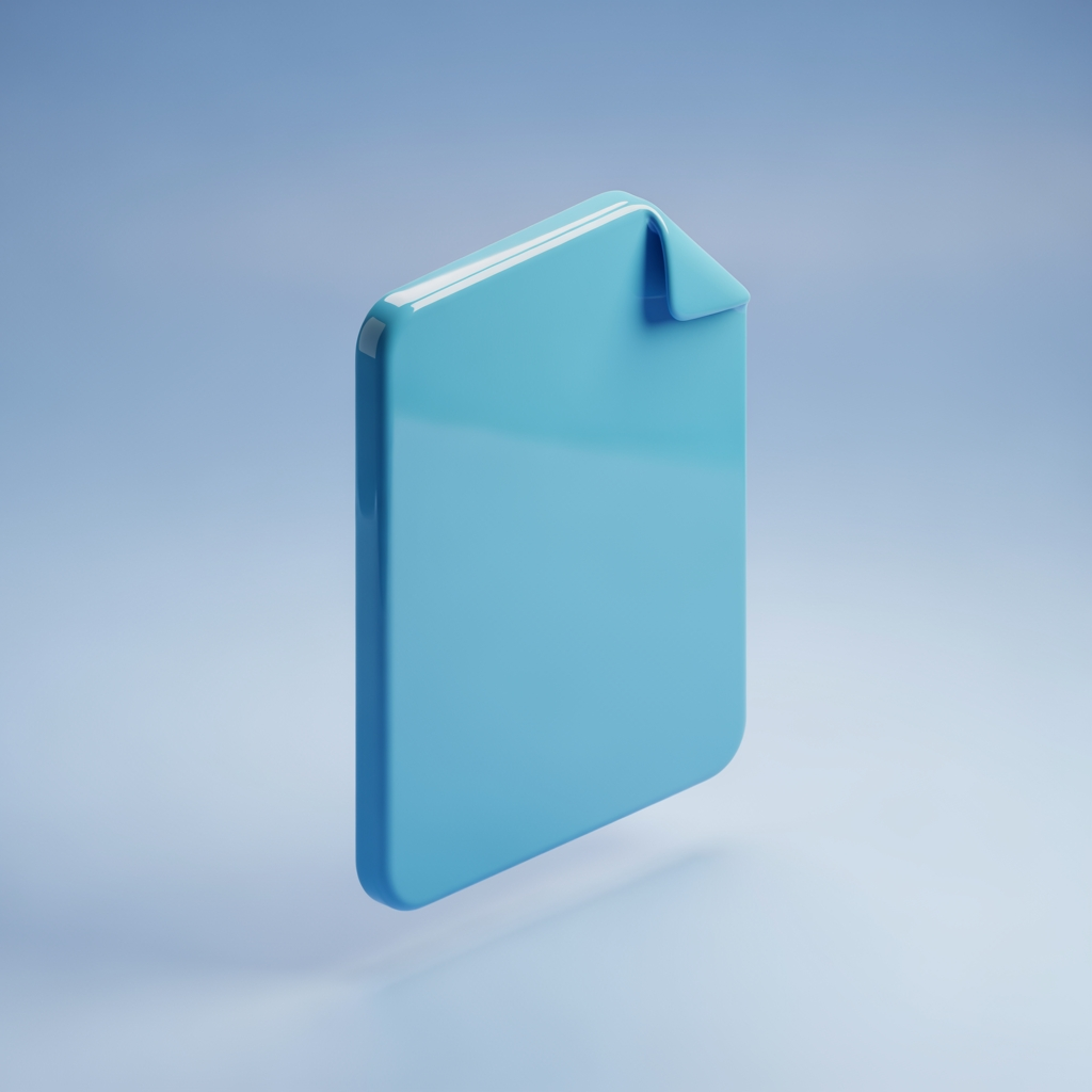 AI Design for 3D render of a floating document page with folded corner, glossy plastic material, soft studio lighting, subtle drop shadow, pastel blue gradient background, isometric perspective, smooth rounded edges, centered composition, high detail, octane render