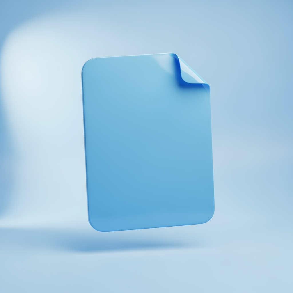 AI Design for 3D render of a floating document page with folded corner, glossy plastic material, soft studio lighting, subtle drop shadow, pastel blue gradient background, isometric perspective, smooth rounded edges, centered composition, high detail, octane render