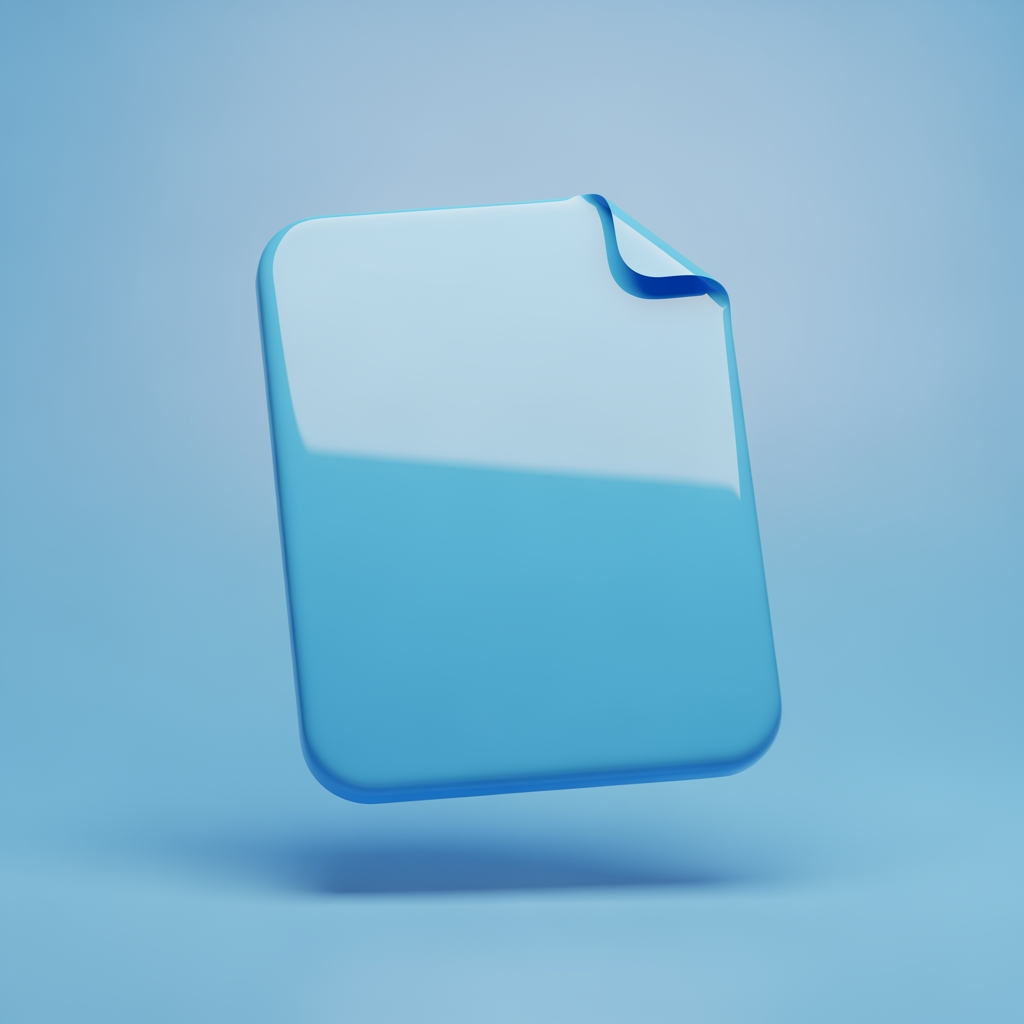 AI Design for 3D render of a floating document page with folded corner, glossy plastic material, soft studio lighting, subtle drop shadow, pastel blue gradient background, isometric perspective, smooth rounded edges, centered composition, high detail, octane render