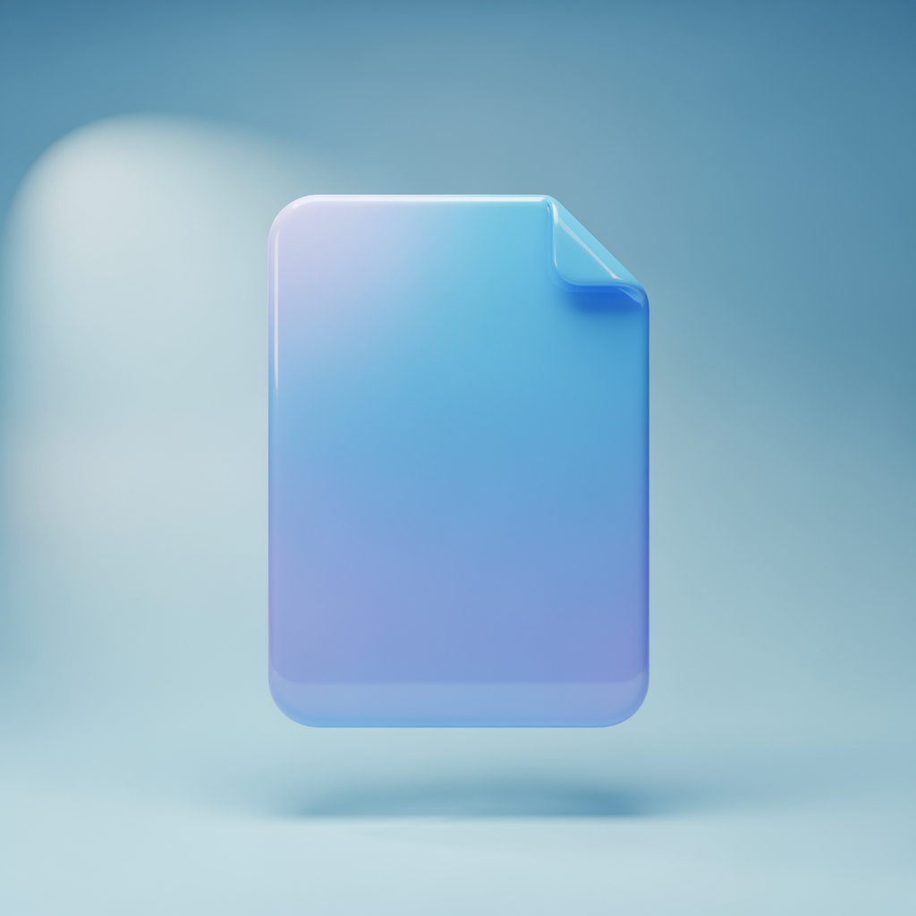 AI Design for 3D render of a floating document page with folded corner, glossy plastic material, soft studio lighting, subtle drop shadow, pastel blue gradient background, isometric perspective, smooth rounded edges, centered composition, high detail, octane render