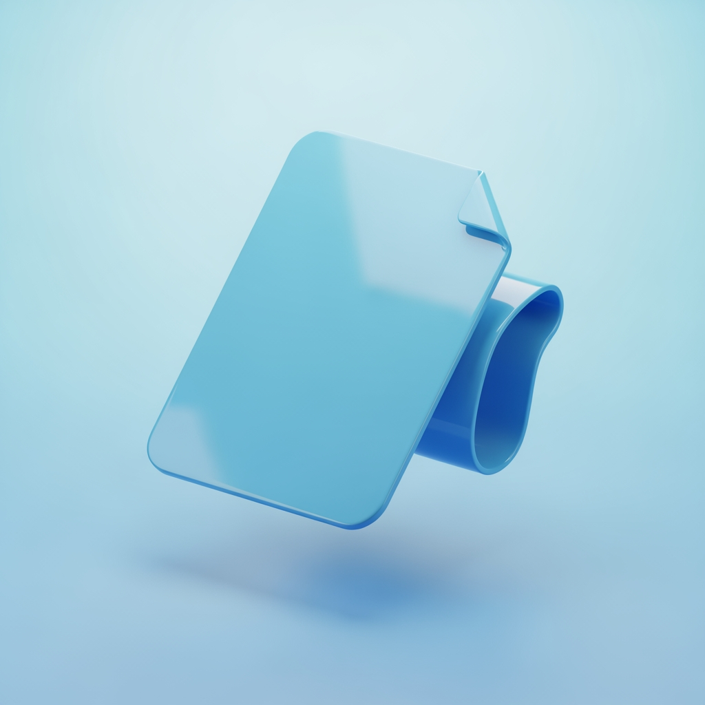 AI Design for 3D render of a floating document page with folded corner, glossy plastic material, soft studio lighting, subtle drop shadow, pastel blue gradient background, isometric perspective, smooth rounded edges, centered composition, high detail, octane render