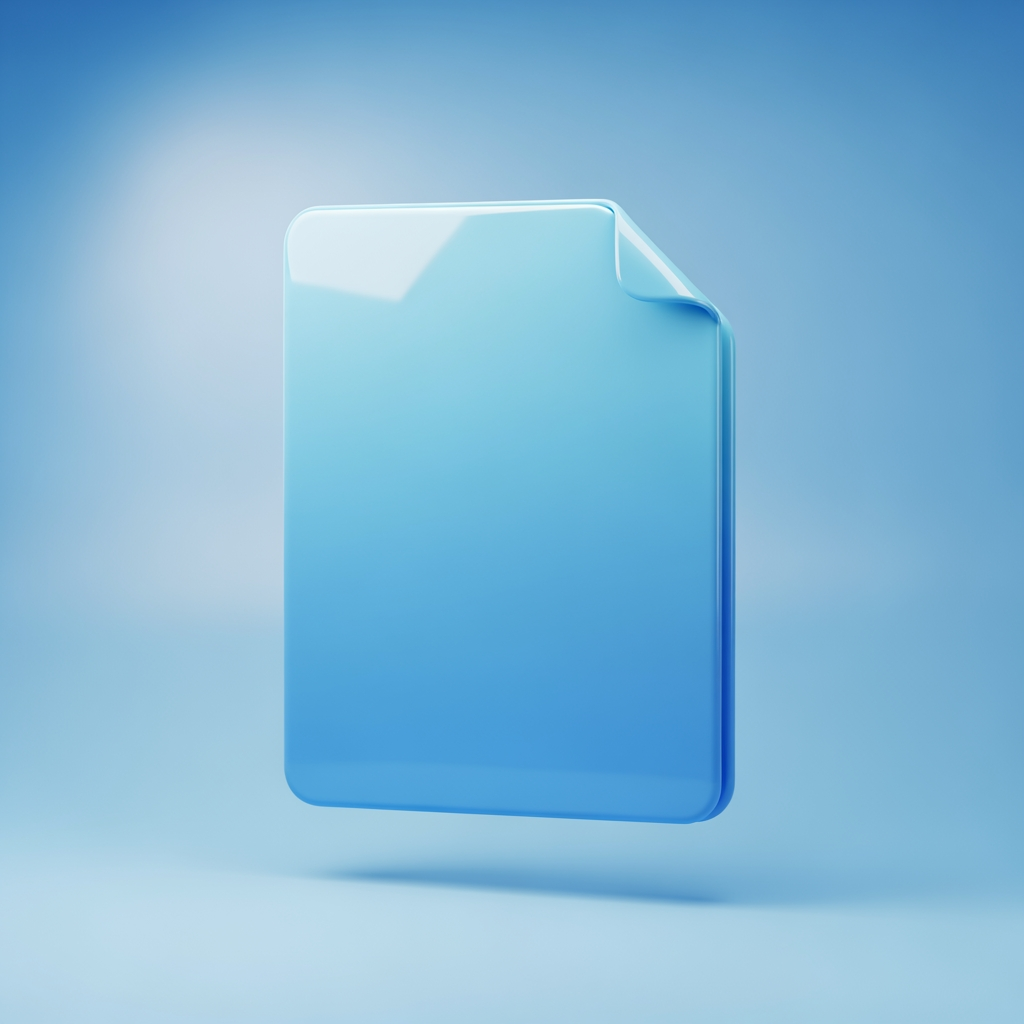 AI Design for 3D render of a floating document page with folded corner, glossy plastic material, soft studio lighting, subtle drop shadow, pastel blue gradient background, isometric perspective, smooth rounded edges, centered composition, high detail, octane render