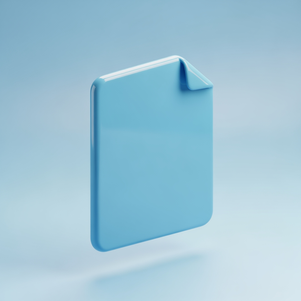 AI Design for 3D render of a floating document page with folded corner, glossy plastic material, soft studio lighting, subtle drop shadow, pastel blue gradient background, isometric perspective, smooth rounded edges, centered composition, high detail, octane render