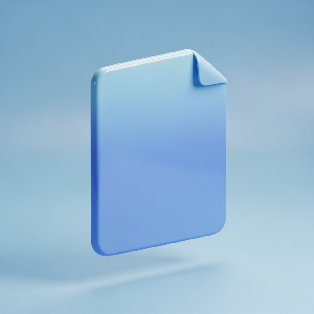 AI Design for 3D render of a floating document page with folded corner, glossy plastic material, soft studio lighting, subtle drop shadow, pastel blue gradient background, isometric perspective, smooth rounded edges, centered composition, high detail, octane render