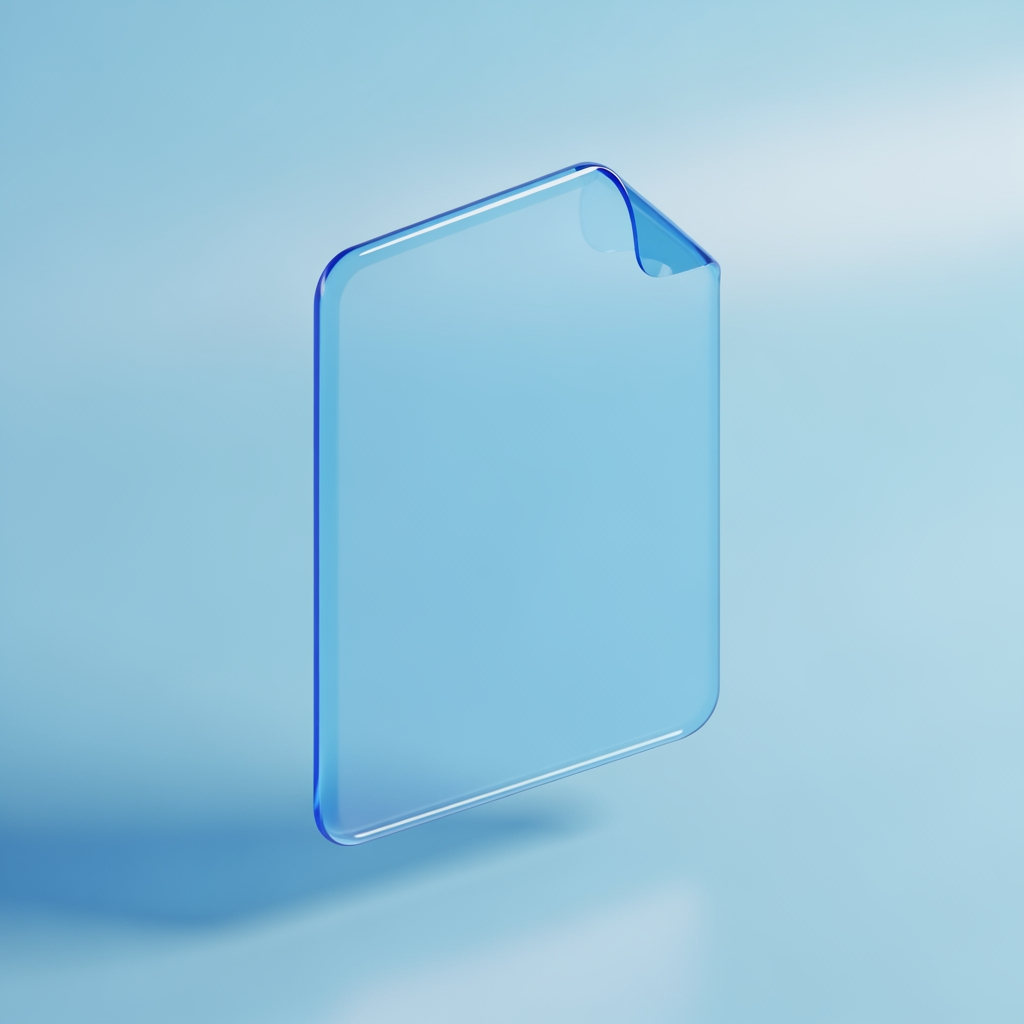 AI Design for 3D render of a floating document page with folded corner, glossy plastic material, soft studio lighting, subtle drop shadow, pastel blue gradient background, isometric perspective, smooth rounded edges, centered composition, high detail, octane render