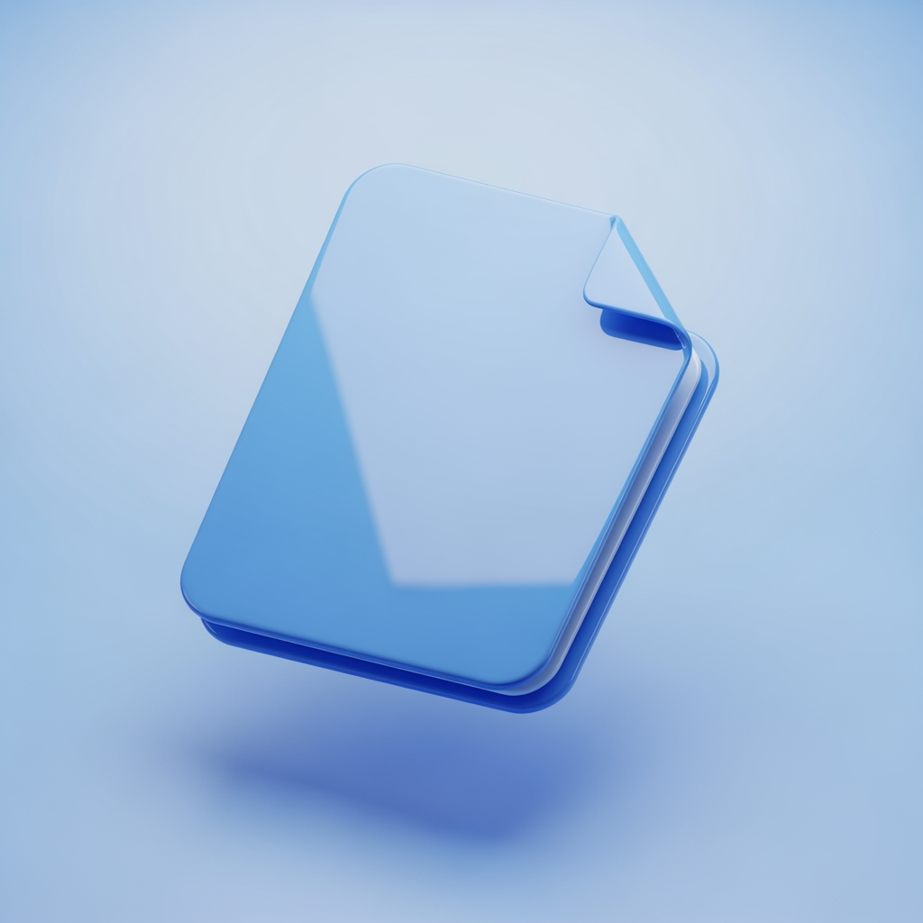 AI Design for 3D render of a floating document page with folded corner, glossy plastic material, soft studio lighting, subtle drop shadow, pastel blue gradient background, isometric perspective, smooth rounded edges, centered composition, high detail, octane render