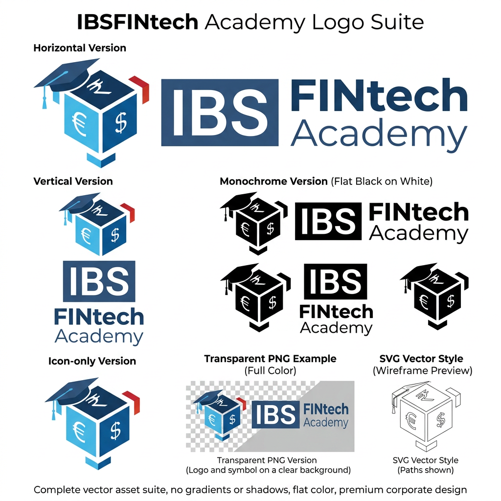 AI Design for Design a clean and premium logo for "IBSFINtech Academy". Keep the existing IBSFINtech cube as the primary symbol and add a sleek graduation cap resting on top of the cube. Use deep blue, light blue, and red accents. Typography should be modern and balanced, with "Academy" placed below in a lighter weight font. The logo should look like an extension of the IBSFINtech brand, suitable for websites, certificates, course materials, and mobile apps. Vector logo, transparent background, white background preview, no mockups, no shadows.

Additional Instructions

Include:

Horizontal version
Vertical version
Icon-only version
Monochrome version
Transparent PNG
SVG vector style
White background preview
Corporate and premium appearance
No mascot or cartoon elements
Graduation cap integrated naturally into the cube, not oversized or detached.