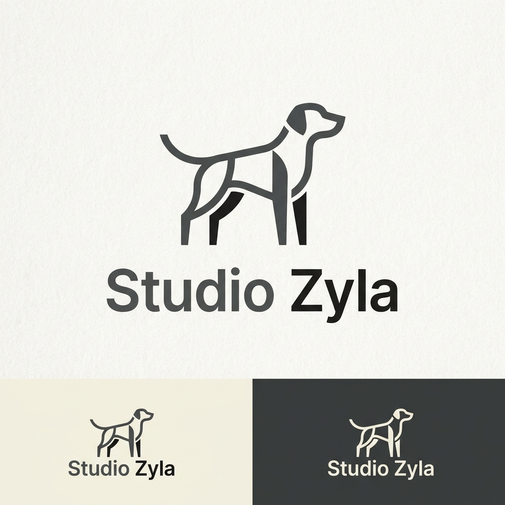 AI Design for A sophisticated and clean minimalist logo for a digital marketing agency named Studio Zyla. The design features a sleek, geometric abstraction of a dog silhouette integrated seamlessly with modern typography, using a balanced monochromatic color palette. The aesthetic is professional, impactful, and timeless, suitable for high-end digital branding.