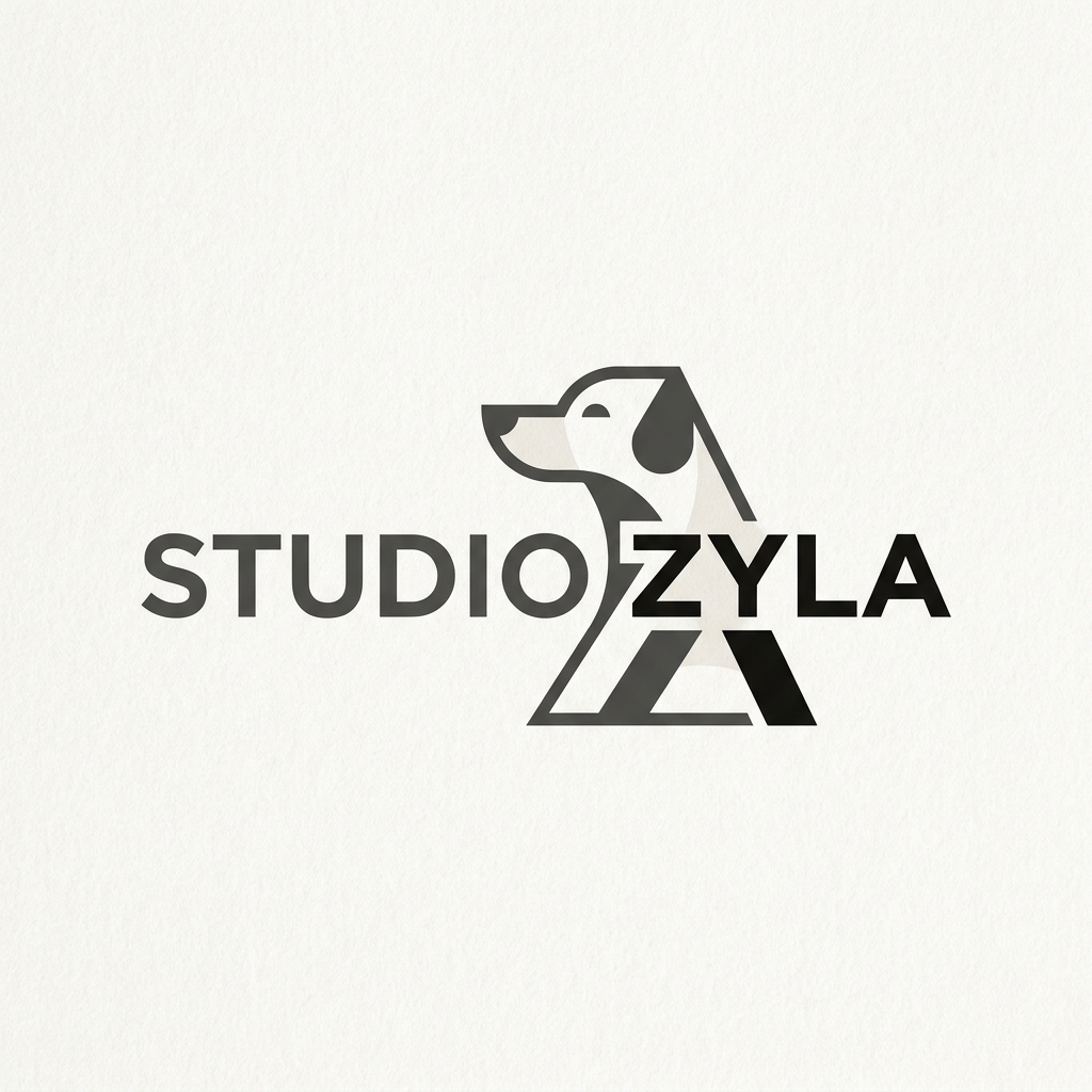 AI Design for A sophisticated and clean minimalist logo for my marketing agency named Studio Zyla. The design features a sleek, geometric abstraction of a dog silhouette integrated seamlessly with modern typography, using a balanced monochromatic color palette. The aesthetic is professional, impactful, and timeless, suitable for high-end digital branding.