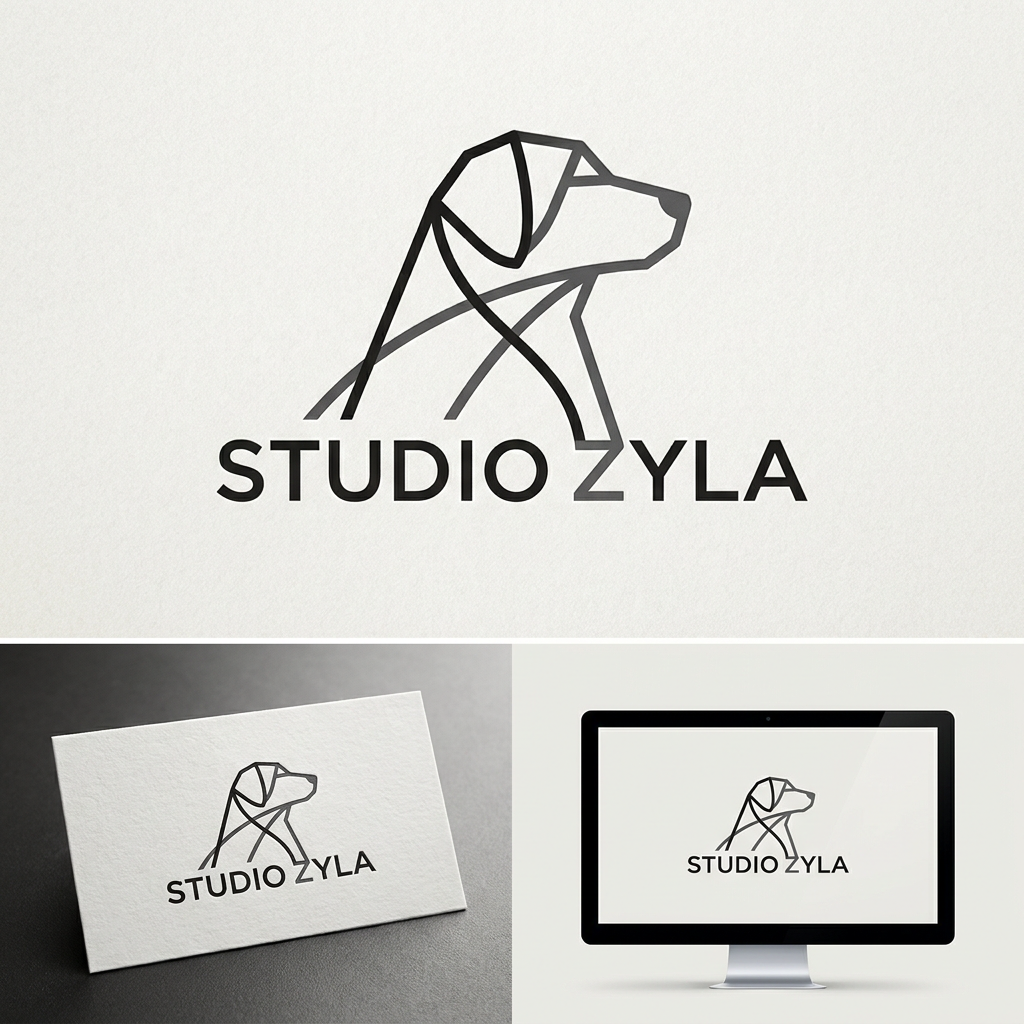 AI Design for A sophisticated and clean minimalist logo for my marketing agency named Studio Zyla. The design features a sleek, geometric abstraction of a dog silhouette integrated seamlessly with modern typography, using a balanced monochromatic color palette. The aesthetic is professional, impactful, and timeless, suitable for high-end digital branding.