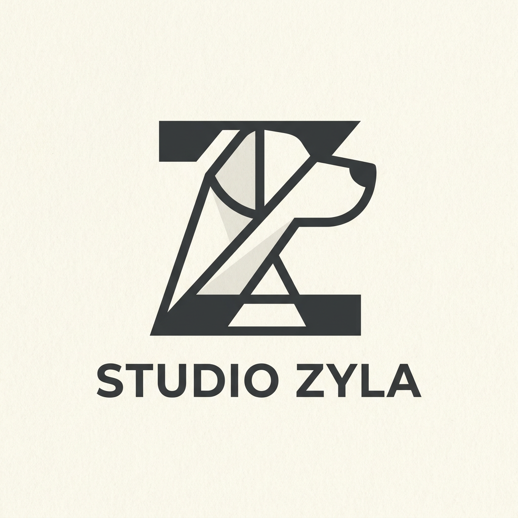 AI Design for A sophisticated and clean minimalist logo for a digital marketing agency named Studio Zyla. The design features a sleek, geometric abstraction of a dog silhouette integrated seamlessly with modern typography, using a balanced monochromatic color palette. The aesthetic is professional, impactful, and timeless, suitable for high-end digital branding.