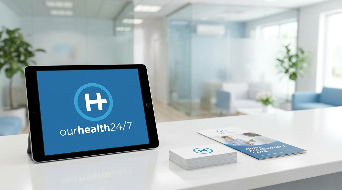 AI Design for A sleek, professional medical branding concept for ourhealth24/7 featuring a clean, minimalist H,+ logo icon. The design should utilize a soothing color palette of clinical blues and crisp whites, set against a high-resolution, soft-focus background of a modern wellness environment, emphasizing trust, accessibility, and 24/7 care.