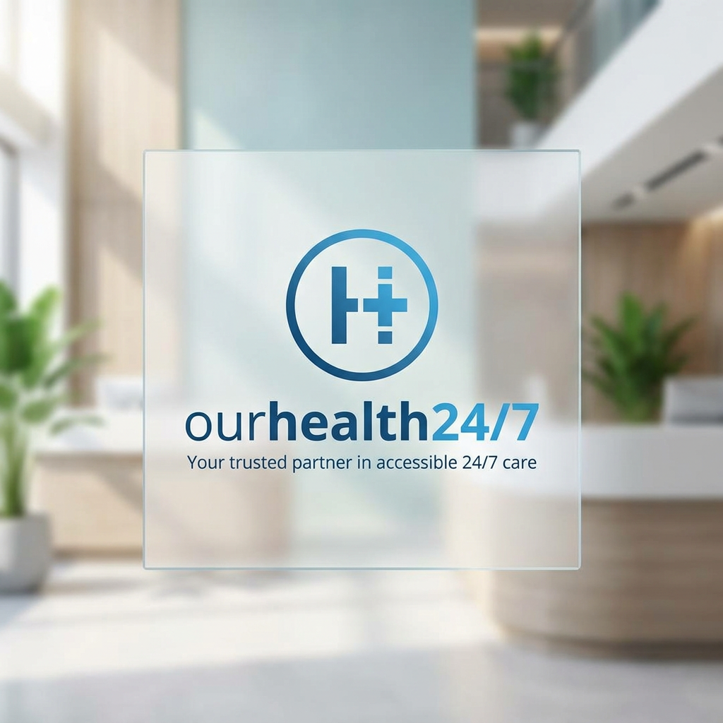 AI Design for A sleek, professional medical branding concept for ourhealth24/7 featuring a clean, minimalist H,+ logo icon. The design should utilize a soothing color palette of clinical blues and crisp whites, set against a high-resolution, soft-focus background of a modern wellness environment, emphasizing trust, accessibility, and 24/7 care.