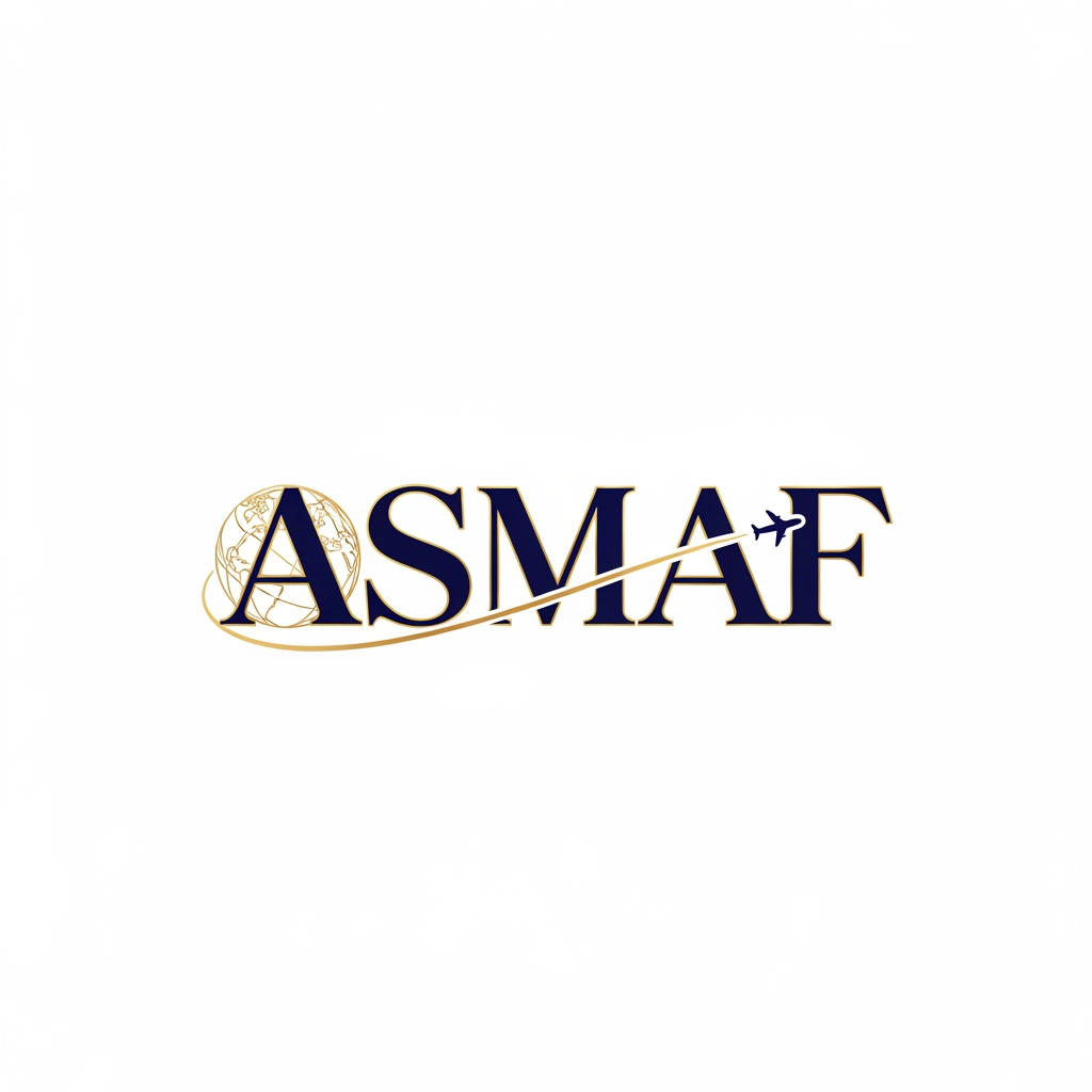 AI Design for Create a luxury wordmark logo for ASMAF with custom typography. Make the letters elegant, bold, and memorable. Incorporate subtle global education elements such as a globe or airplane path seamlessly into the text. Premium Navy Blue and Gold color scheme, minimalist design, corporate identity, clean white background, high-end branding, vector logo, modern and timeless appearance.