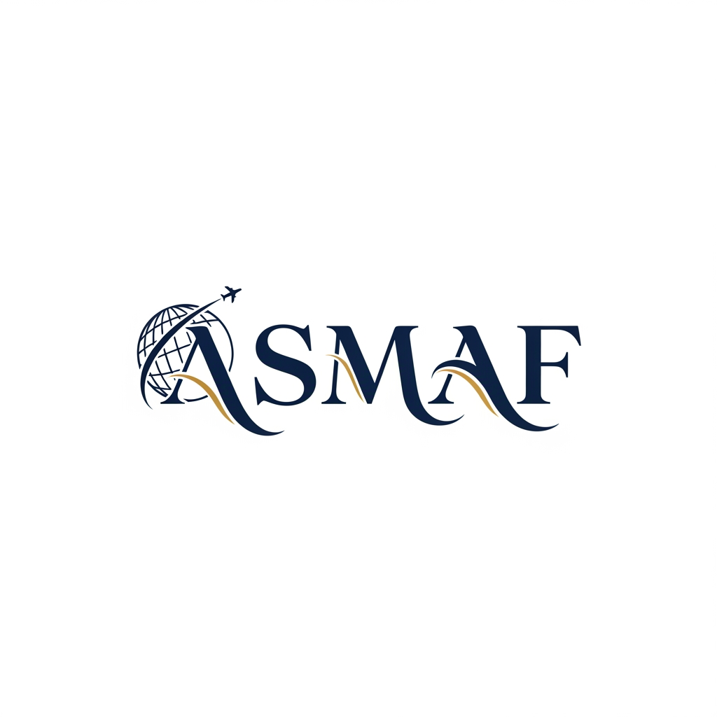 AI Design for Create a luxury wordmark logo for ASMAF with custom typography. Make the letters elegant, bold, and memorable. Incorporate subtle global education elements such as a globe or airplane path seamlessly into the text. Premium Navy Blue and Gold color scheme, minimalist design, corporate identity, clean white background, high-end branding, vector logo, modern and timeless appearance.