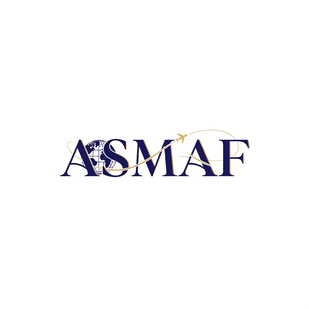 AI Design for Create a luxury wordmark logo for ASMAF with custom typography. Make the letters elegant, bold, and memorable. Incorporate subtle global education elements such as a globe or airplane path seamlessly into the text. Premium Navy Blue and Gold color scheme, minimalist design, corporate identity, clean white background, high-end branding, vector logo, modern and timeless appearance.