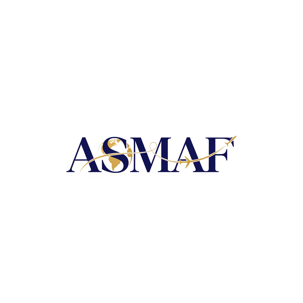 AI Design for Create a luxury wordmark logo for ASMAF with custom typography. Make the letters elegant, bold, and memorable. Incorporate subtle global education elements such as a globe or airplane path seamlessly into the text. Premium Navy Blue and Gold color scheme, minimalist design, corporate identity, clean white background, high-end branding, vector logo, modern and timeless appearance.