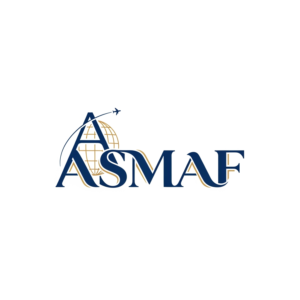 AI Design for Create a luxury wordmark logo for ASMAF with custom typography. Make the letters elegant, bold, and memorable. Incorporate subtle global education elements such as a globe or airplane path seamlessly into the text. Premium Navy Blue and Gold color scheme, minimalist design, corporate identity, clean white background, high-end branding, vector logo, modern and timeless appearance.
