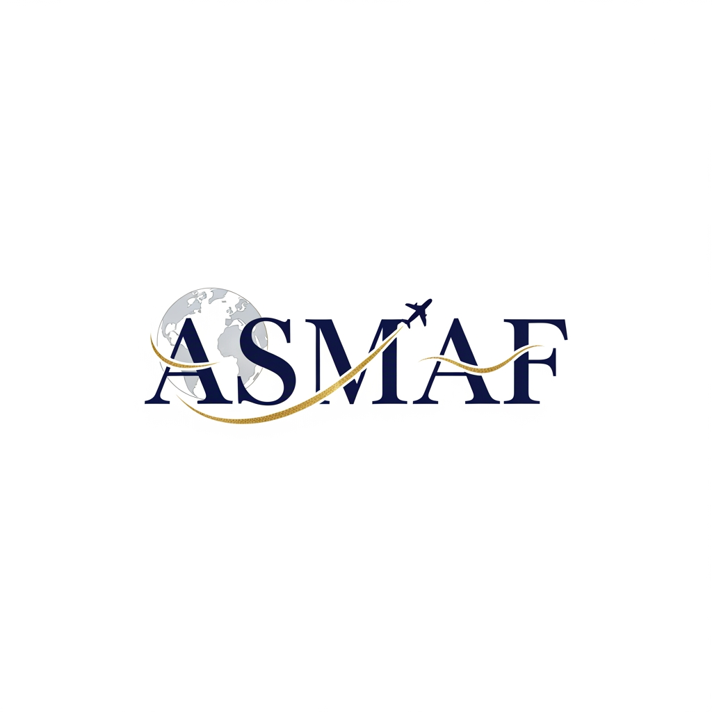 AI Design for Create a luxury wordmark logo for ASMAF with custom typography. Make the letters elegant, bold, and memorable. Incorporate subtle global education elements such as a globe or airplane path seamlessly into the text. Premium Navy Blue and Gold color scheme, minimalist design, corporate identity, clean white background, high-end branding, vector logo, modern and timeless appearance.