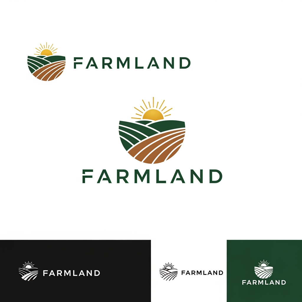 AI Design for Design a world-class premium logo for a farmland and agricultural real estate brand named:

FARMLAND



Business Type:
Premium agricultural plots and farmland investment company located in Konkan, Maharashtra, India.

Brand Positioning:
Luxury farmland ownership, agricultural investment, nature-inspired living, farmhouse lifestyle, long-term wealth creation, premium real estate.

Logo Style:
Modern
Minimalist
Luxury
Corporate
Timeless
High-end
Memorable
Scalable

Visual Direction:
Create a sophisticated logo mark that subtly combines:

• Rolling farmland contours
• Agricultural fields
• Hills of Konkan
• Rising sun
• Nature
• Growth
• Prosperity
• Land ownership

The logo should feel like a premium real estate developer brand rather than a farming company.

Inspiration:
Lodha
Godrej Properties
Prestige
Brigade
Sobha
Forest Hills
Modern luxury land development brands

Color Palette:
Primary:
Deep Forest Green (#1B4332)

Secondary:
Luxury Gold (#D4AF37)

Accent:
Earth Brown (#6F4E37)

Optional:
White background
Black monochrome version

Typography:
Custom luxury sans-serif typography
Bold, elegant, clean letterforms
Professional real estate branding style
Premium spacing and alignment

Requirements:
• Vector style
• Ultra high resolution
• Transparent background
• Horizontal version
• Vertical version
• Icon-only version
• Black and white version
• Premium brand identity quality
• Suitable for website, brochure, billboard, signage, social media, business cards, and legal documents

Avoid:
❌ Cartoon farms
❌ Tractors
❌ Cows
❌ Generic leaves
❌ Clipart
❌ Overly complex illustrations
❌ Cheap agriculture symbols

Design Goal:
The logo should instantly communicate trust, luxury, land ownership, investment potential, nature, and long-term value while looking like a ₹100+ crore premium real estate brand.