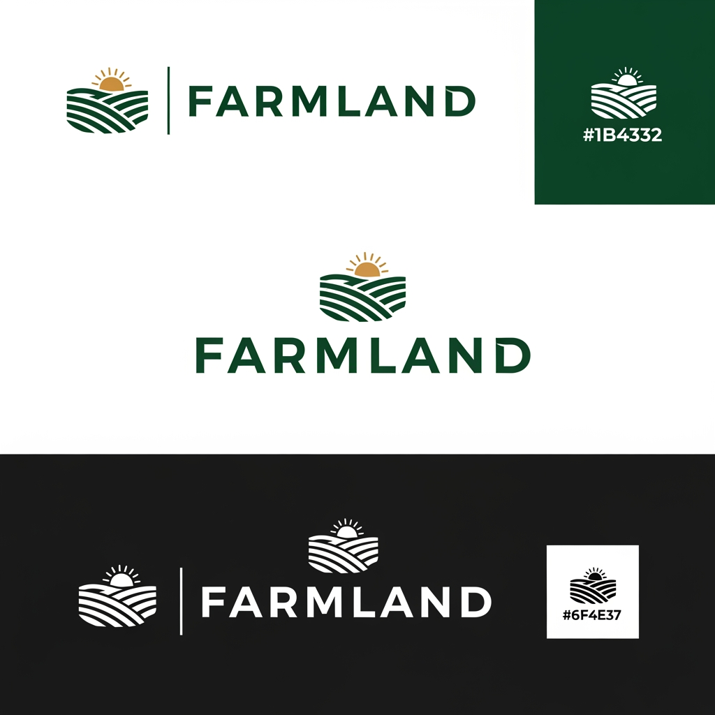 AI Design for Design a world-class premium logo for a farmland and agricultural real estate brand named:

FARMLAND



Business Type:
Premium agricultural plots and farmland investment company located in Konkan, Maharashtra, India.

Brand Positioning:
Luxury farmland ownership, agricultural investment, nature-inspired living, farmhouse lifestyle, long-term wealth creation, premium real estate.

Logo Style:
Modern
Minimalist
Luxury
Corporate
Timeless
High-end
Memorable
Scalable

Visual Direction:
Create a sophisticated logo mark that subtly combines:

• Rolling farmland contours
• Agricultural fields
• Hills of Konkan
• Rising sun
• Nature
• Growth
• Prosperity
• Land ownership

The logo should feel like a premium real estate developer brand rather than a farming company.

Inspiration:
Lodha
Godrej Properties
Prestige
Brigade
Sobha
Forest Hills
Modern luxury land development brands

Color Palette:
Primary:
Deep Forest Green (#1B4332)

Secondary:
Luxury Gold (#D4AF37)

Accent:
Earth Brown (#6F4E37)

Optional:
White background
Black monochrome version

Typography:
Custom luxury sans-serif typography
Bold, elegant, clean letterforms
Professional real estate branding style
Premium spacing and alignment

Requirements:
• Vector style
• Ultra high resolution
• Transparent background
• Horizontal version
• Vertical version
• Icon-only version
• Black and white version
• Premium brand identity quality
• Suitable for website, brochure, billboard, signage, social media, business cards, and legal documents

Avoid:
❌ Cartoon farms
❌ Tractors
❌ Cows
❌ Generic leaves
❌ Clipart
❌ Overly complex illustrations
❌ Cheap agriculture symbols

Design Goal:
The logo should instantly communicate trust, luxury, land ownership, investment potential, nature, and long-term value while looking like a ₹100+ crore premium real estate brand.