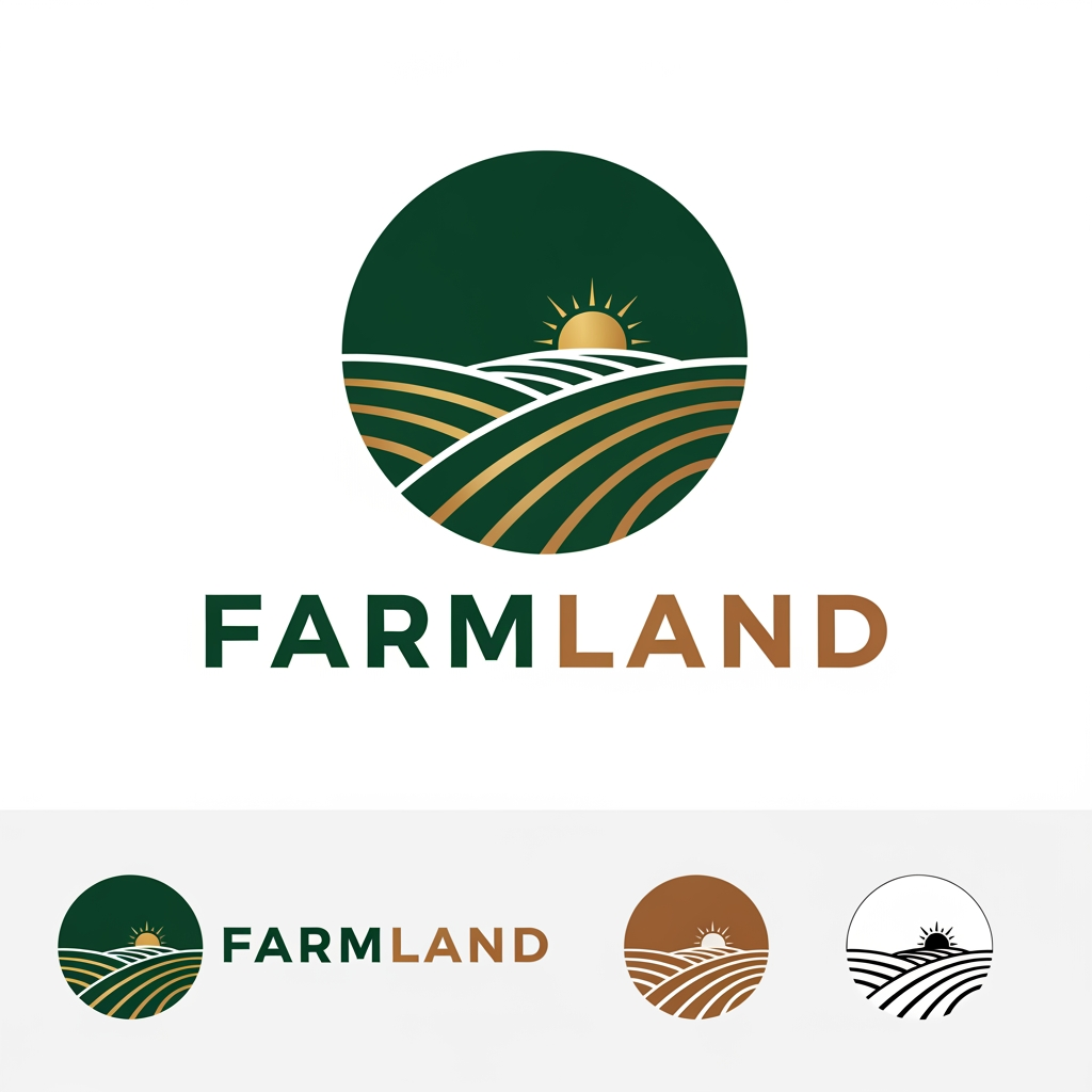 AI Design for Design a world-class premium logo for a farmland and agricultural real estate brand named:

FARMLAND



Business Type:
Premium agricultural plots and farmland investment company located in Konkan, Maharashtra, India.

Brand Positioning:
Luxury farmland ownership, agricultural investment, nature-inspired living, farmhouse lifestyle, long-term wealth creation, premium real estate.

Logo Style:
Modern
Minimalist
Luxury
Corporate
Timeless
High-end
Memorable
Scalable

Visual Direction:
Create a sophisticated logo mark that subtly combines:

• Rolling farmland contours
• Agricultural fields
• Hills of Konkan
• Rising sun
• Nature
• Growth
• Prosperity
• Land ownership

The logo should feel like a premium real estate developer brand rather than a farming company.

Inspiration:
Lodha
Godrej Properties
Prestige
Brigade
Sobha
Forest Hills
Modern luxury land development brands

Color Palette:
Primary:
Deep Forest Green (#1B4332)

Secondary:
Luxury Gold (#D4AF37)

Accent:
Earth Brown (#6F4E37)

Optional:
White background
Black monochrome version

Typography:
Custom luxury sans-serif typography
Bold, elegant, clean letterforms
Professional real estate branding style
Premium spacing and alignment

Requirements:
• Vector style
• Ultra high resolution
• Transparent background
• Horizontal version
• Vertical version
• Icon-only version
• Black and white version
• Premium brand identity quality
• Suitable for website, brochure, billboard, signage, social media, business cards, and legal documents

Avoid:
❌ Cartoon farms
❌ Tractors
❌ Cows
❌ Generic leaves
❌ Clipart
❌ Overly complex illustrations
❌ Cheap agriculture symbols

Design Goal:
The logo should instantly communicate trust, luxury, land ownership, investment potential, nature, and long-term value while looking like a ₹100+ crore premium real estate brand.