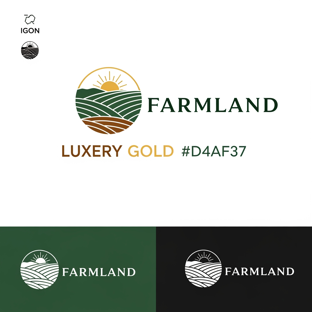 AI Design for Design a world-class premium logo for a farmland and agricultural real estate brand named:

FARMLAND



Business Type:
Premium agricultural plots and farmland investment company located in Konkan, Maharashtra, India.

Brand Positioning:
Luxury farmland ownership, agricultural investment, nature-inspired living, farmhouse lifestyle, long-term wealth creation, premium real estate.

Logo Style:
Modern
Minimalist
Luxury
Corporate
Timeless
High-end
Memorable
Scalable

Visual Direction:
Create a sophisticated logo mark that subtly combines:

• Rolling farmland contours
• Agricultural fields
• Hills of Konkan
• Rising sun
• Nature
• Growth
• Prosperity
• Land ownership

The logo should feel like a premium real estate developer brand rather than a farming company.

Inspiration:
Lodha
Godrej Properties
Prestige
Brigade
Sobha
Forest Hills
Modern luxury land development brands

Color Palette:
Primary:
Deep Forest Green (#1B4332)

Secondary:
Luxury Gold (#D4AF37)

Accent:
Earth Brown (#6F4E37)

Optional:
White background
Black monochrome version

Typography:
Custom luxury sans-serif typography
Bold, elegant, clean letterforms
Professional real estate branding style
Premium spacing and alignment

Requirements:
• Vector style
• Ultra high resolution
• Transparent background
• Horizontal version
• Vertical version
• Icon-only version
• Black and white version
• Premium brand identity quality
• Suitable for website, brochure, billboard, signage, social media, business cards, and legal documents

Avoid:
❌ Cartoon farms
❌ Tractors
❌ Cows
❌ Generic leaves
❌ Clipart
❌ Overly complex illustrations
❌ Cheap agriculture symbols

Design Goal:
The logo should instantly communicate trust, luxury, land ownership, investment potential, nature, and long-term value while looking like a ₹100+ crore premium real estate brand.