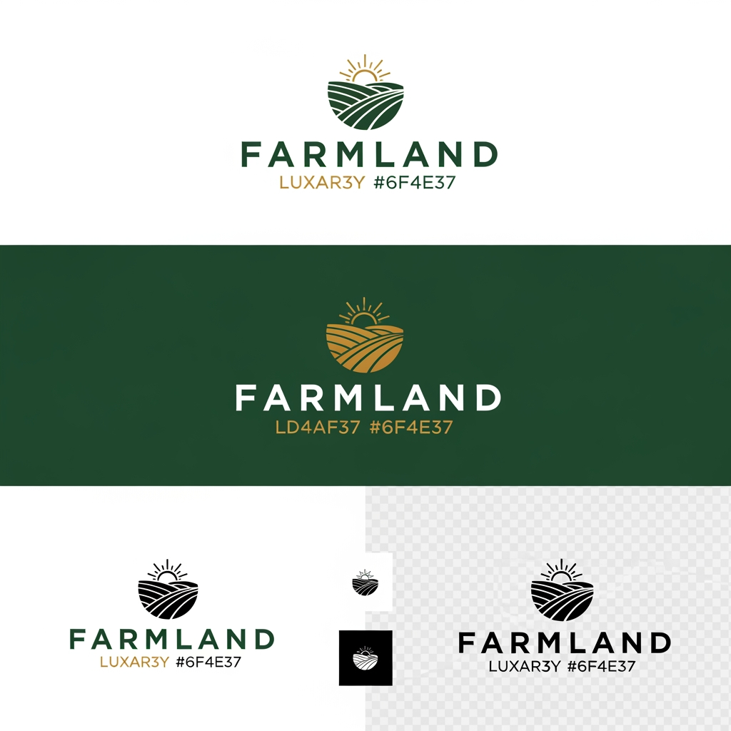AI Design for Design a world-class premium logo for a farmland and agricultural real estate brand named:

FARMLAND



Business Type:
Premium agricultural plots and farmland investment company located in Konkan, Maharashtra, India.

Brand Positioning:
Luxury farmland ownership, agricultural investment, nature-inspired living, farmhouse lifestyle, long-term wealth creation, premium real estate.

Logo Style:
Modern
Minimalist
Luxury
Corporate
Timeless
High-end
Memorable
Scalable

Visual Direction:
Create a sophisticated logo mark that subtly combines:

• Rolling farmland contours
• Agricultural fields
• Hills of Konkan
• Rising sun
• Nature
• Growth
• Prosperity
• Land ownership

The logo should feel like a premium real estate developer brand rather than a farming company.

Inspiration:
Lodha
Godrej Properties
Prestige
Brigade
Sobha
Forest Hills
Modern luxury land development brands

Color Palette:
Primary:
Deep Forest Green (#1B4332)

Secondary:
Luxury Gold (#D4AF37)

Accent:
Earth Brown (#6F4E37)

Optional:
White background
Black monochrome version

Typography:
Custom luxury sans-serif typography
Bold, elegant, clean letterforms
Professional real estate branding style
Premium spacing and alignment

Requirements:
• Vector style
• Ultra high resolution
• Transparent background
• Horizontal version
• Vertical version
• Icon-only version
• Black and white version
• Premium brand identity quality
• Suitable for website, brochure, billboard, signage, social media, business cards, and legal documents

Avoid:
❌ Cartoon farms
❌ Tractors
❌ Cows
❌ Generic leaves
❌ Clipart
❌ Overly complex illustrations
❌ Cheap agriculture symbols

Design Goal:
The logo should instantly communicate trust, luxury, land ownership, investment potential, nature, and long-term value while looking like a ₹100+ crore premium real estate brand.