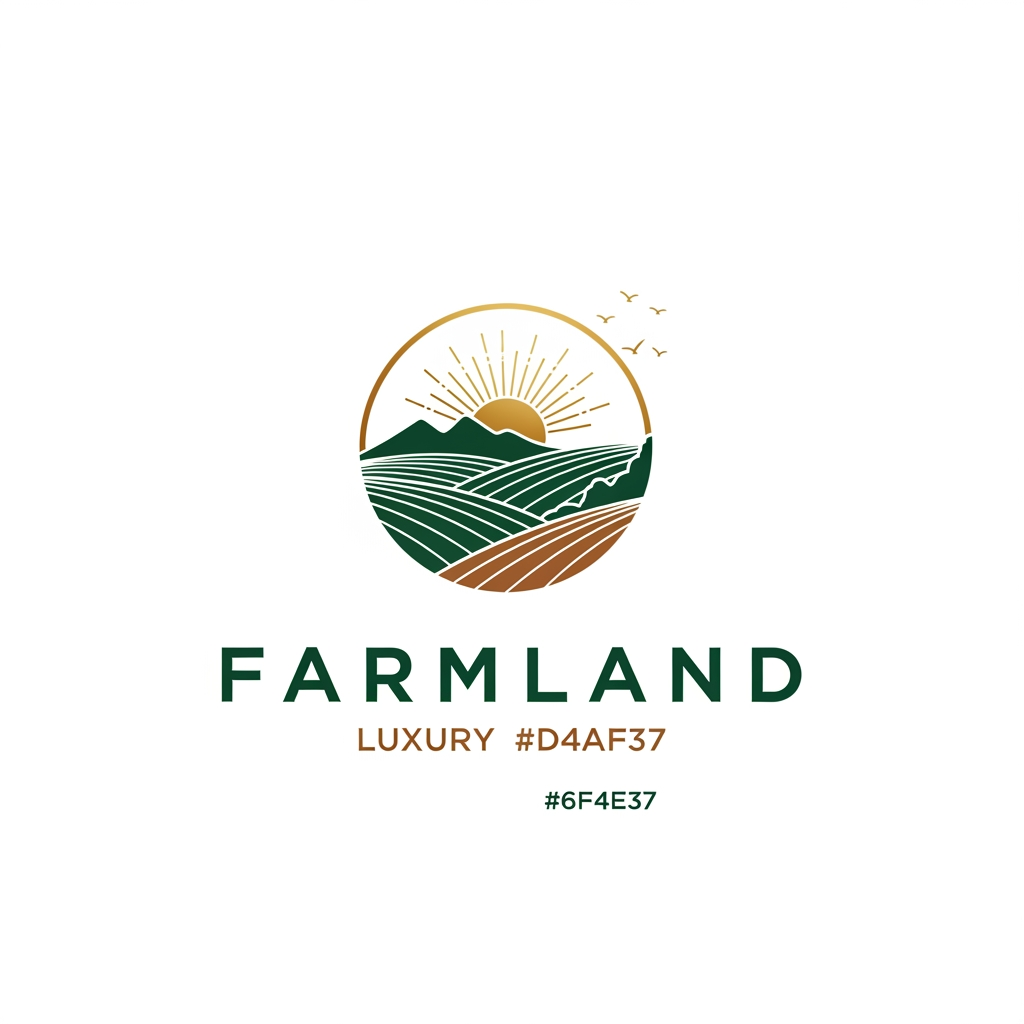 AI Design for Design a world-class premium logo for a farmland and agricultural real estate brand named:

FARMLAND



Business Type:
Premium agricultural plots and farmland investment company located in Konkan, Maharashtra, India.

Brand Positioning:
Luxury farmland ownership, agricultural investment, nature-inspired living, farmhouse lifestyle, long-term wealth creation, premium real estate.

Logo Style:
Modern
Minimalist
Luxury
Corporate
Timeless
High-end
Memorable
Scalable

Visual Direction:
Create a sophisticated logo mark that subtly combines:

• Rolling farmland contours
• Agricultural fields
• Hills of Konkan
• Rising sun
• Nature
• Growth
• Prosperity
• Land ownership

The logo should feel like a premium real estate developer brand rather than a farming company.

Inspiration:
Lodha
Godrej Properties
Prestige
Brigade
Sobha
Forest Hills
Modern luxury land development brands

Color Palette:
Primary:
Deep Forest Green (#1B4332)

Secondary:
Luxury Gold (#D4AF37)

Accent:
Earth Brown (#6F4E37)

Optional:
White background
Black monochrome version

Typography:
Custom luxury sans-serif typography
Bold, elegant, clean letterforms
Professional real estate branding style
Premium spacing and alignment

Requirements:
• Vector style
• Ultra high resolution
• Transparent background
• Horizontal version
• Vertical version
• Icon-only version
• Black and white version
• Premium brand identity quality
• Suitable for website, brochure, billboard, signage, social media, business cards, and legal documents

Avoid:
❌ Cartoon farms
❌ Tractors
❌ Cows
❌ Generic leaves
❌ Clipart
❌ Overly complex illustrations
❌ Cheap agriculture symbols

Design Goal:
The logo should instantly communicate trust, luxury, land ownership, investment potential, nature, and long-term value while looking like a ₹100+ crore premium real estate brand.