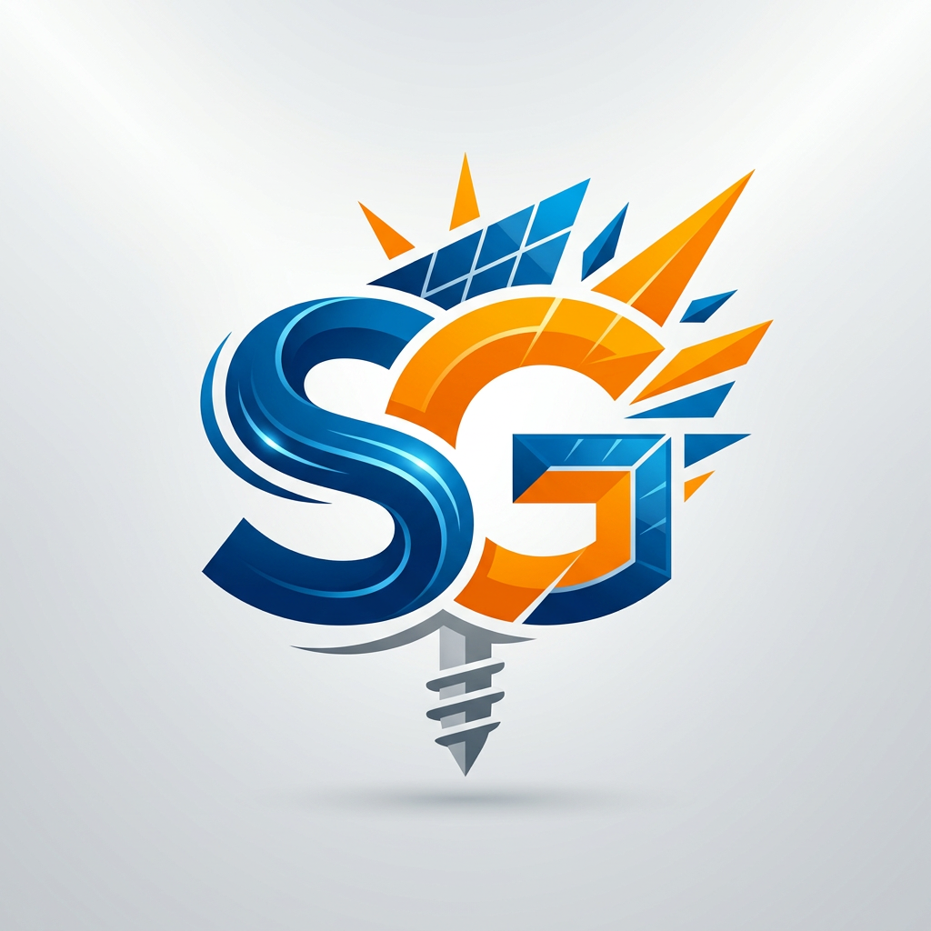 AI Design for Create a premium abstract “SG” monogram logo where:

- The “S” flows like an energy wave
- The “G” wraps around or interlocks with it
- A ground screw emerges from the lower part of the design with subtle spiral threading
- Solar rays or geometric panel shards extend from the top or right side

The design should feel like:
foundation (screw) + energy (solar) + motion (S curve)

Style:
- Futuristic, minimal, high-end corporate
- Smooth flowing curves with precise engineering edges
- Strong contrast between soft and sharp shapes

Colors:
- Deep blue base
- Bright solar orange accents
- Minimal gray for structure

Output:
Clean, iconic, brandable logo with a powerful industrial and renewable energy identity