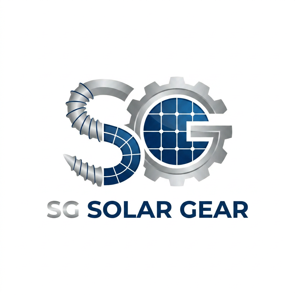 AI Design for A professional, minimalist logo design featuring the letters S and G cleverly integrated with {{asset:screw}} and {{asset:solar_panel}}. The design uses clean vector lines, a modern sans-serif typography, and a sleek metallic and deep blue color palette, set against a solid white background for high impact and scalability.