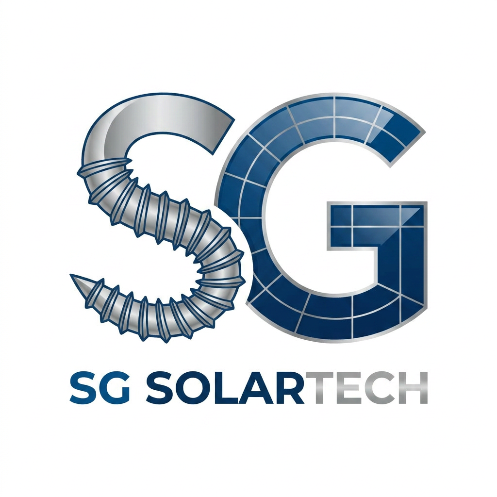 AI Design for A professional, minimalist logo design featuring the letters S and G cleverly integrated with {{asset:screw}} and {{asset:solar_panel}}. The design uses clean vector lines, a modern sans-serif typography, and a sleek metallic and deep blue color palette, set against a solid white background for high impact and scalability.