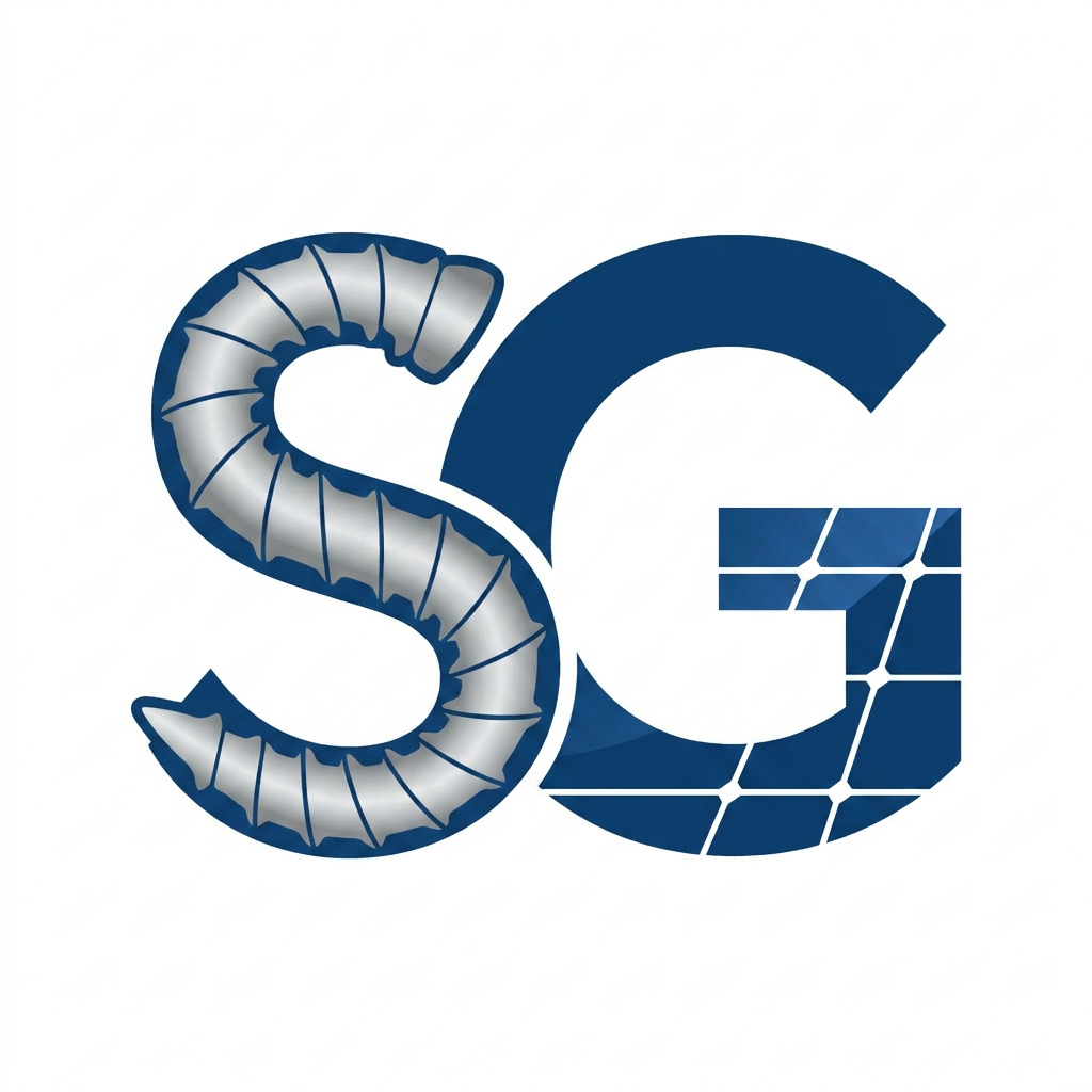 AI Design for A professional, minimalist logo design featuring the letters S and G cleverly integrated with {{asset:screw}} and {{asset:solar_panel}}. The design uses clean vector lines, a modern sans-serif typography, and a sleek metallic and deep blue color palette, set against a solid white background for high impact and scalability.