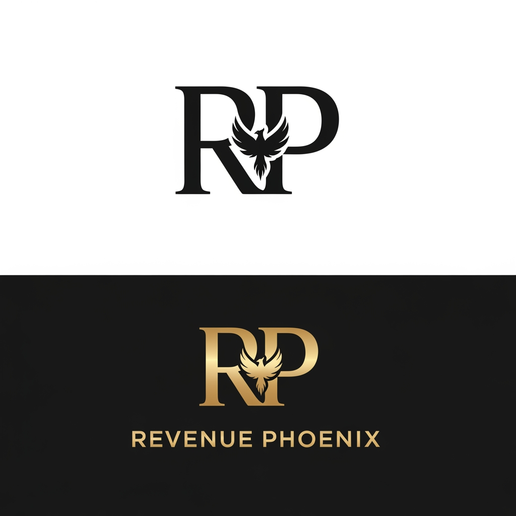 AI Design for Create an iconic, award-winning luxury technology agency logo for a company named "Revenue Phoenix".

The logo must feature a sophisticated RP monogram with a hidden phoenix seamlessly integrated into the design through negative space and geometric abstraction. The phoenix should not appear as a literal bird. Instead, it should be cleverly embedded within the letterforms, creating an intelligent visual discovery that represents growth, transformation, innovation, and revenue acceleration.

Design Style:

* Ultra-premium
* Modern luxury
* Minimalist geometric design
* Technology-forward aesthetic
* Elegant and timeless
* Clean vector construction
* Suitable for a global agency serving premium clients

Brand Personality:

* Intelligent
* Ambitious
* Elite
* Strategic
* Innovative
* Trustworthy
* High-performance

Visual Symbolism:

* Hidden phoenix rising upward
* Revenue growth curves
* Business transformation
* Digital innovation
* Market leadership
* Scalability
* Precision and excellence

Color Direction:

* Matte black primary background
* Metallic gold logo
* Luxury contrast
* Corporate sophistication
* Premium consulting and technology feel

Typography:

* Custom modern sans-serif wordmark
* Strong, clean, confident letterforms
* Similar quality level to elite consulting firms, technology companies, and venture-backed startups
* Elegant spacing and balance

Requirements:

* Flat vector design
* No gradients
* No 3D effects
* No mockup presentation
* No generic phoenix illustration
* No stock-style bird graphics
* No cartoon elements
* No excessive ornamentation

Composition:

* Hidden phoenix integrated into the RP monogram
* Symbol should work independently as an app icon, favicon, social media profile, and website brand mark
* Include both icon-only and full logo versions

Inspiration Keywords:
Luxury technology agency, premium branding studio, modern consulting firm, innovation, growth, transformation, sophistication, exclusivity, precision, digital excellence, scalable business growth.

Desired Outcome:
The logo should feel like a ₹100 crore global agency brand—minimal, prestigious, intelligent, unforgettable, and instantly credible to founders, startups, and enterprise clients.