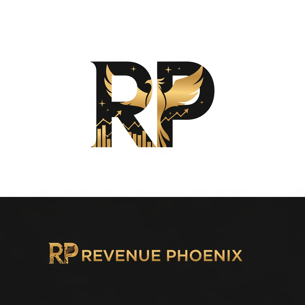AI Design for Create an iconic, award-winning luxury technology agency logo for a company named "Revenue Phoenix".

The logo must feature a sophisticated RP monogram with a hidden phoenix seamlessly integrated into the design through negative space and geometric abstraction. The phoenix should not appear as a literal bird. Instead, it should be cleverly embedded within the letterforms, creating an intelligent visual discovery that represents growth, transformation, innovation, and revenue acceleration.

Design Style:

* Ultra-premium
* Modern luxury
* Minimalist geometric design
* Technology-forward aesthetic
* Elegant and timeless
* Clean vector construction
* Suitable for a global agency serving premium clients

Brand Personality:

* Intelligent
* Ambitious
* Elite
* Strategic
* Innovative
* Trustworthy
* High-performance

Visual Symbolism:

* Hidden phoenix rising upward
* Revenue growth curves
* Business transformation
* Digital innovation
* Market leadership
* Scalability
* Precision and excellence

Color Direction:

* Matte black primary background
* Metallic gold logo
* Luxury contrast
* Corporate sophistication
* Premium consulting and technology feel

Typography:

* Custom modern sans-serif wordmark
* Strong, clean, confident letterforms
* Similar quality level to elite consulting firms, technology companies, and venture-backed startups
* Elegant spacing and balance

Requirements:

* Flat vector design
* No gradients
* No 3D effects
* No mockup presentation
* No generic phoenix illustration
* No stock-style bird graphics
* No cartoon elements
* No excessive ornamentation

Composition:

* Hidden phoenix integrated into the RP monogram
* Symbol should work independently as an app icon, favicon, social media profile, and website brand mark
* Include both icon-only and full logo versions

Inspiration Keywords:
Luxury technology agency, premium branding studio, modern consulting firm, innovation, growth, transformation, sophistication, exclusivity, precision, digital excellence, scalable business growth.

Desired Outcome:
The logo should feel like a ₹100 crore global agency brand—minimal, prestigious, intelligent, unforgettable, and instantly credible to founders, startups, and enterprise clients.