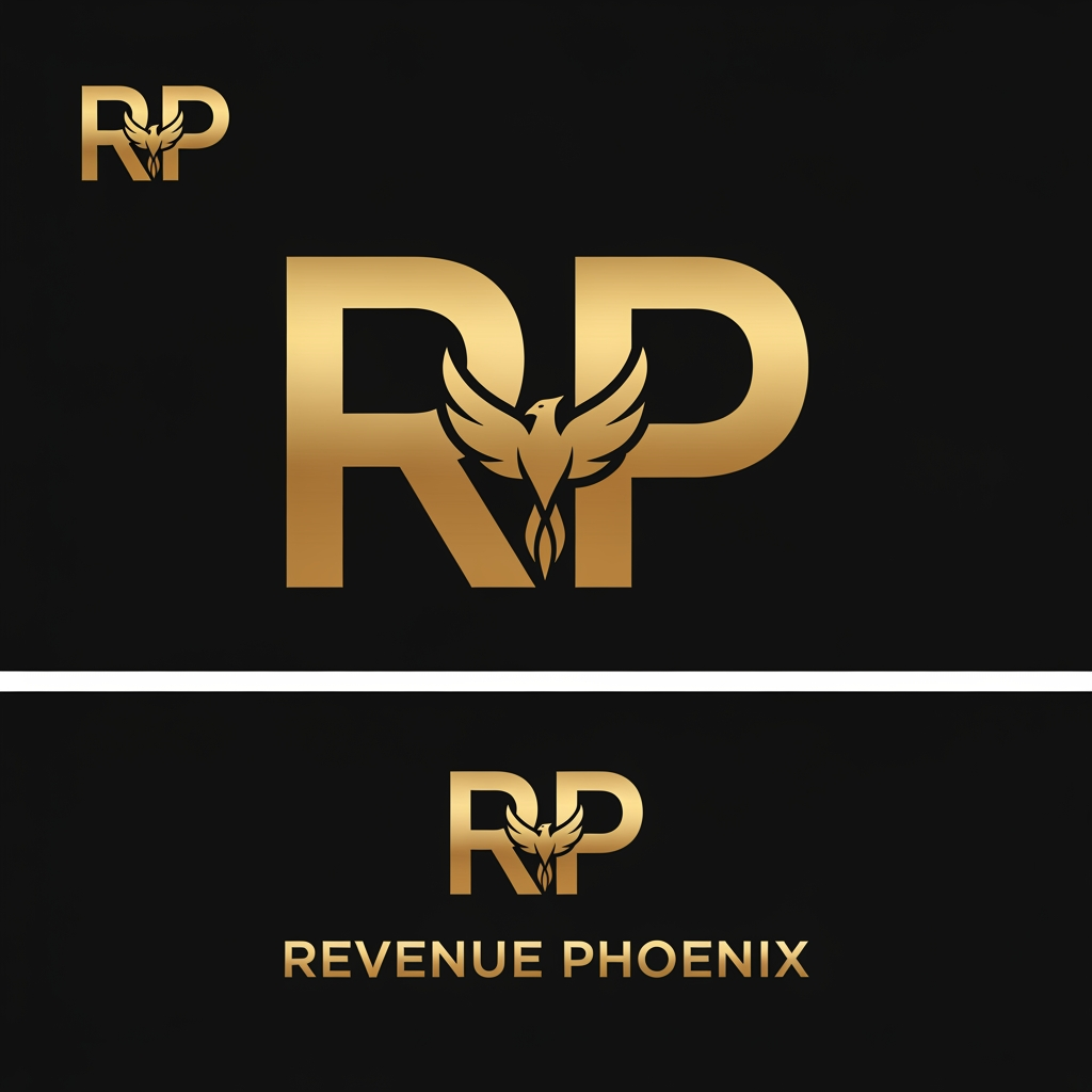 AI Design for Create an iconic, award-winning luxury technology agency logo for a company named "Revenue Phoenix".

The logo must feature a sophisticated RP monogram with a hidden phoenix seamlessly integrated into the design through negative space and geometric abstraction. The phoenix should not appear as a literal bird. Instead, it should be cleverly embedded within the letterforms, creating an intelligent visual discovery that represents growth, transformation, innovation, and revenue acceleration.

Design Style:

* Ultra-premium
* Modern luxury
* Minimalist geometric design
* Technology-forward aesthetic
* Elegant and timeless
* Clean vector construction
* Suitable for a global agency serving premium clients

Brand Personality:

* Intelligent
* Ambitious
* Elite
* Strategic
* Innovative
* Trustworthy
* High-performance

Visual Symbolism:

* Hidden phoenix rising upward
* Revenue growth curves
* Business transformation
* Digital innovation
* Market leadership
* Scalability
* Precision and excellence

Color Direction:

* Matte black primary background
* Metallic gold logo
* Luxury contrast
* Corporate sophistication
* Premium consulting and technology feel

Typography:

* Custom modern sans-serif wordmark
* Strong, clean, confident letterforms
* Similar quality level to elite consulting firms, technology companies, and venture-backed startups
* Elegant spacing and balance

Requirements:

* Flat vector design
* No gradients
* No 3D effects
* No mockup presentation
* No generic phoenix illustration
* No stock-style bird graphics
* No cartoon elements
* No excessive ornamentation

Composition:

* Hidden phoenix integrated into the RP monogram
* Symbol should work independently as an app icon, favicon, social media profile, and website brand mark
* Include both icon-only and full logo versions

Inspiration Keywords:
Luxury technology agency, premium branding studio, modern consulting firm, innovation, growth, transformation, sophistication, exclusivity, precision, digital excellence, scalable business growth.

Desired Outcome:
The logo should feel like a ₹100 crore global agency brand—minimal, prestigious, intelligent, unforgettable, and instantly credible to founders, startups, and enterprise clients.