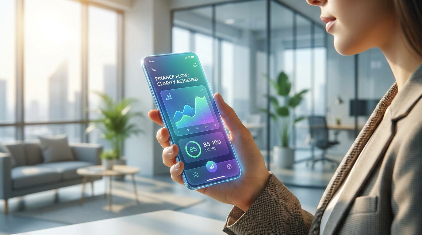 AI Design for A sleek, high-tech promotional visual for a financial health app, featuring a vibrant, modern interface displayed on a smartphone screen held by a young professional in a brightly lit, contemporary workspace. The aesthetic should be clean and minimalist with a palette of energetic gradients, soft bokeh lighting, and sharp, high-resolution textures that emphasize financial clarity and ease of use.