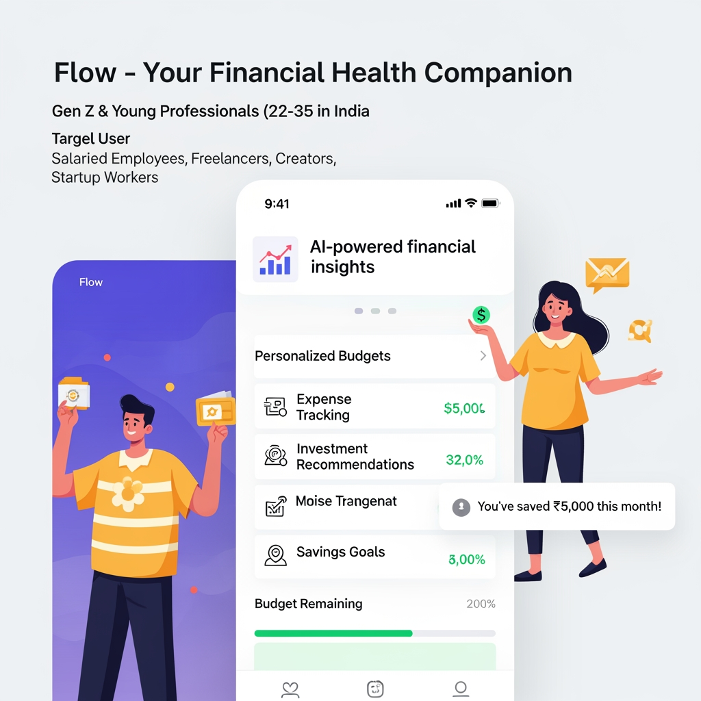 AI Design for i am writing summarization give me what is flow how its usefulJun 20Claude responded: Flow is an AI-powered financial health companion app designed for Gen Z and young professionals in India (age 22–35) — salaried employees, freelancers, creator…Flow is an AI-powered financial health companion app designed for Gen Z and young professionals in India (age 22–35) — salaried employees, freelancers, creators, and startup workers.