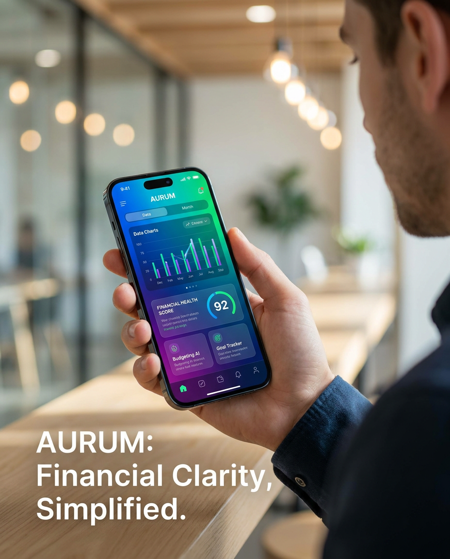 AI Design for A sleek, high-tech promotional visual for a financial health app, featuring a vibrant, modern interface displayed on a smartphone screen held by a young professional in a brightly lit, contemporary workspace. The aesthetic should be clean and minimalist with a palette of energetic gradients, soft bokeh lighting, and sharp, high-resolution textures that emphasize financial clarity and ease of use.