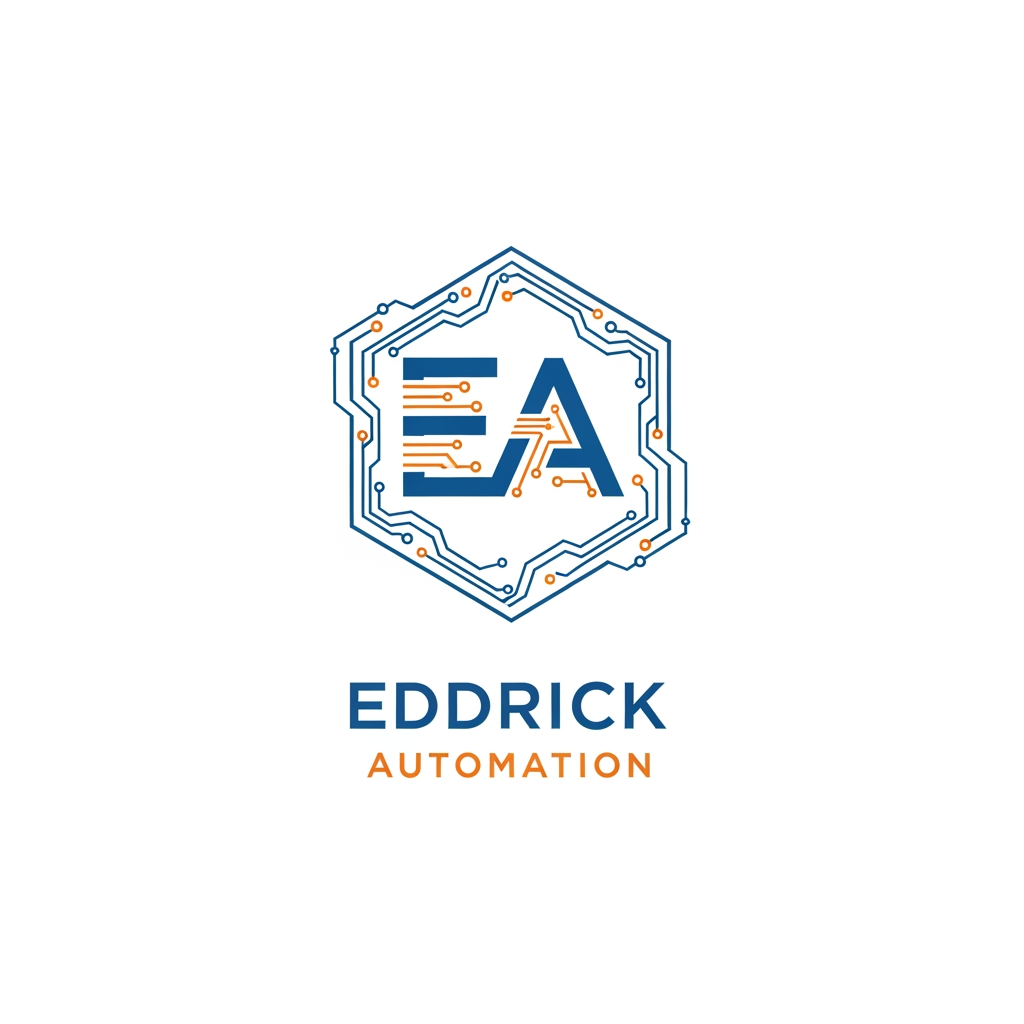 AI Design for Modern industrial automation company logo for "EDDRICK AUTOMATION", minimal and professional design, EA monogram, circuit lines, hexagon shape, Industry 4.0 style, blue and orange color palette, clean corporate branding, futuristic technology logo.