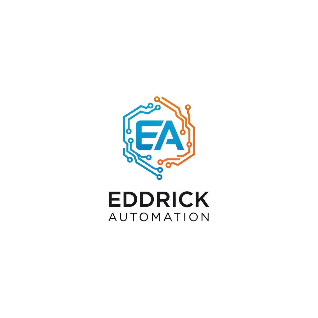 AI Design for Modern industrial automation company logo for "EDDRICK AUTOMATION", minimal and professional design, EA monogram, circuit lines, hexagon shape, Industry 4.0 style, blue and orange color palette, clean corporate branding, futuristic technology logo.